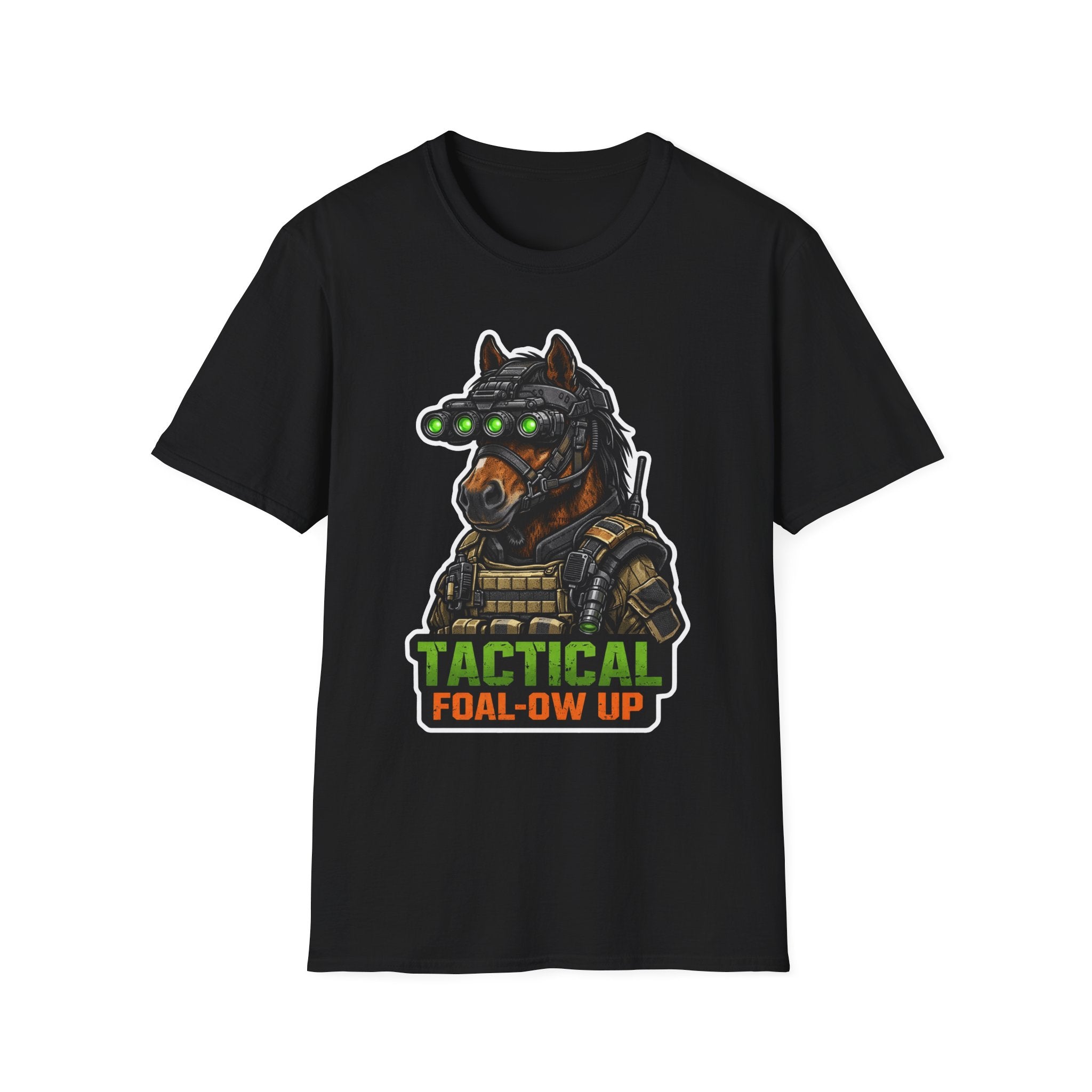 Tactical Foal-ow Up Action Hero Horse T-Shirt | Night Vision Special Ops Horse Graphic Tee | Mane Event Collection by PetPulse