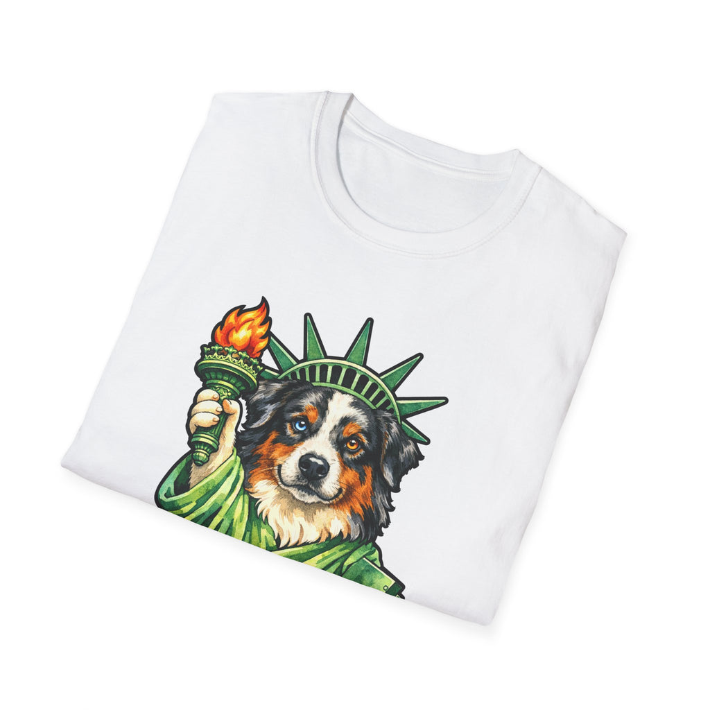 Herding Freedom's Flock Funny Australian Shepherd Statue of Liberty T-Shirt | Lady Liberty Pups Collection by PetPulse