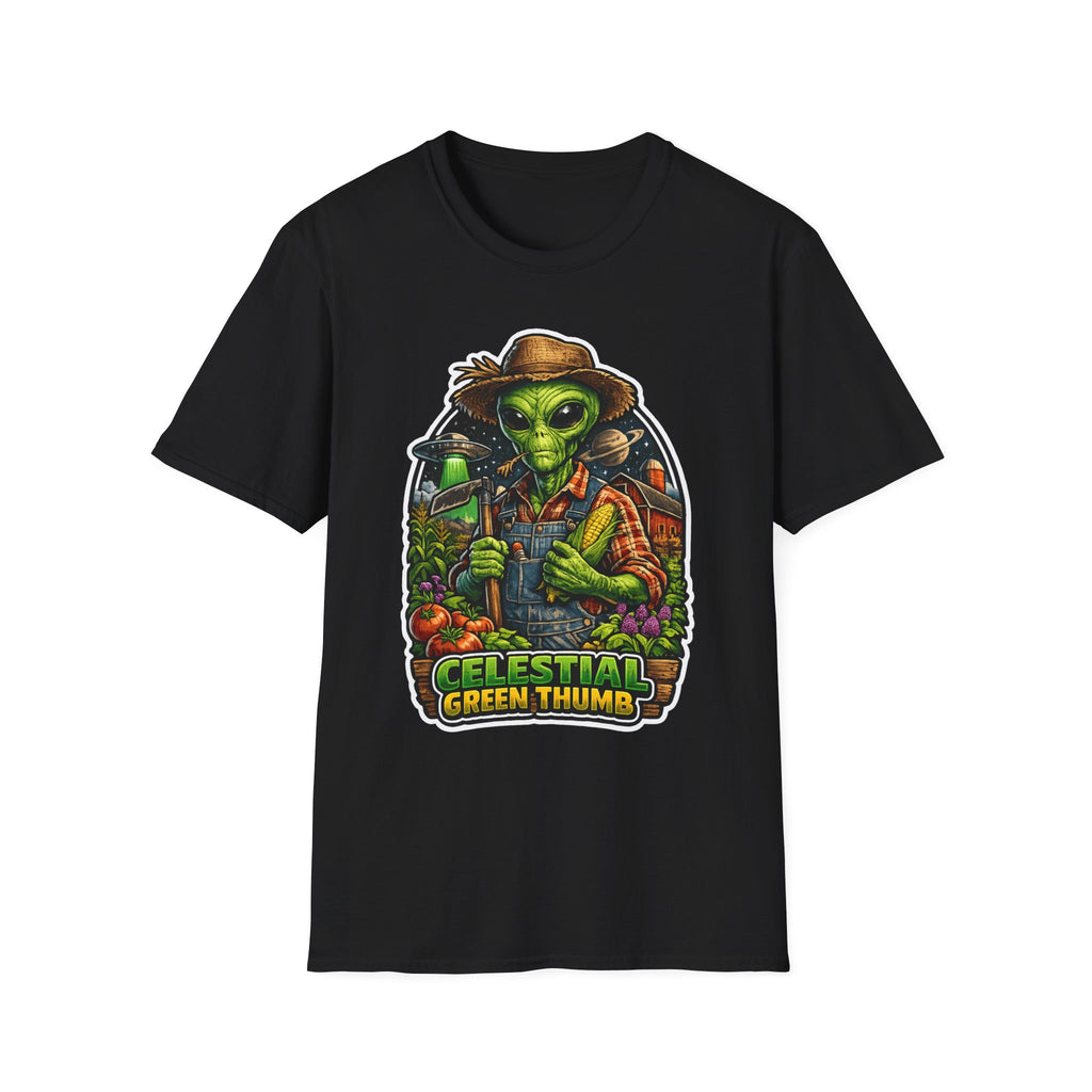 Celestial Green Thumb Funny Alien Farmer T-Shirt | Cosmic Encounters Collection by PetPulse