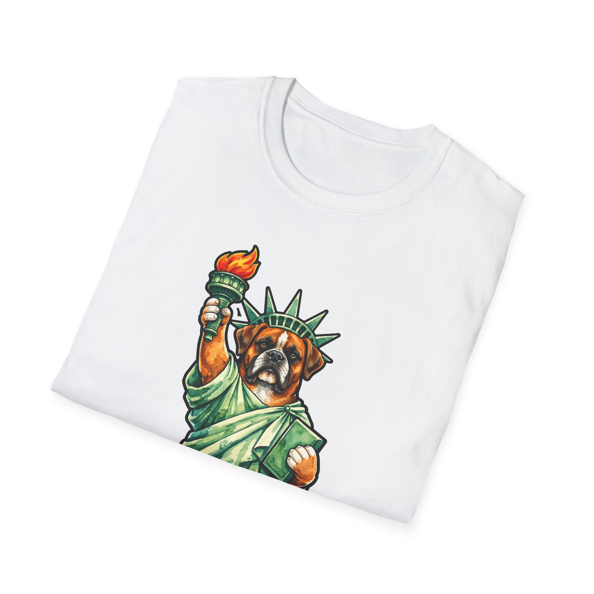 Defender of the Nation Funny Boxer Statue of Liberty T-Shirt | Lady Liberty Pups Collection by PetPulse