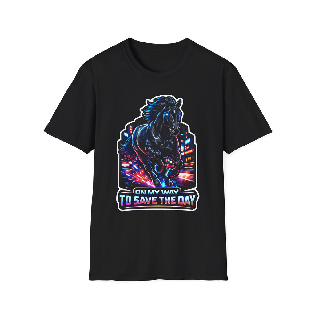 On My Way to Save the Day Action Hero Horse T-Shirt | Neon Black Stallion Superhero Graphic Tee | Mane Event Collection by PetPulse