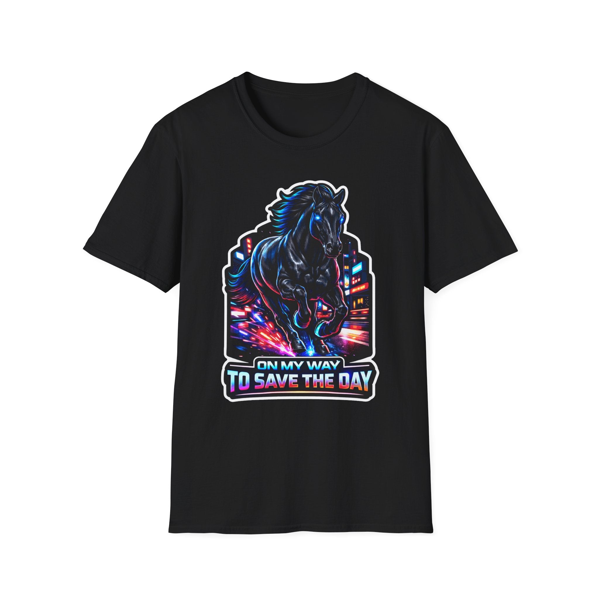 On My Way to Save the Day Action Hero Horse T-Shirt | Neon Black Stallion Superhero Graphic Tee | Mane Event Collection by PetPulse