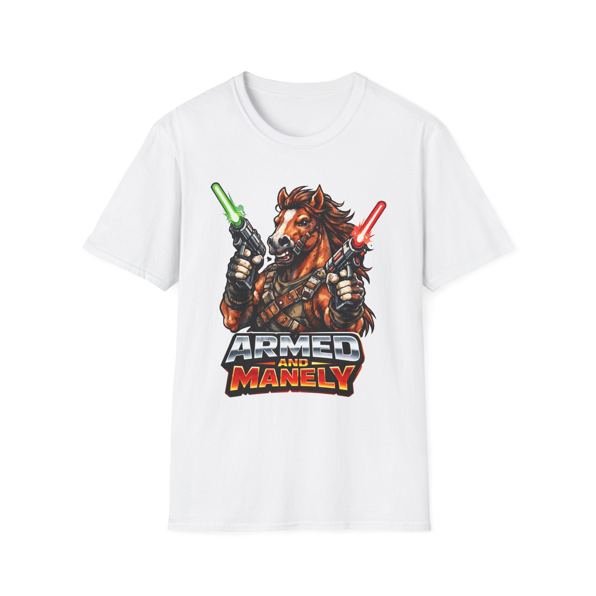 Armed and Manely Action Hero Horse T-Shirt | Dual Laser Pistol Space Bounty Hunter Horse Graphic Tee | Mane Event Collection by PetPulse