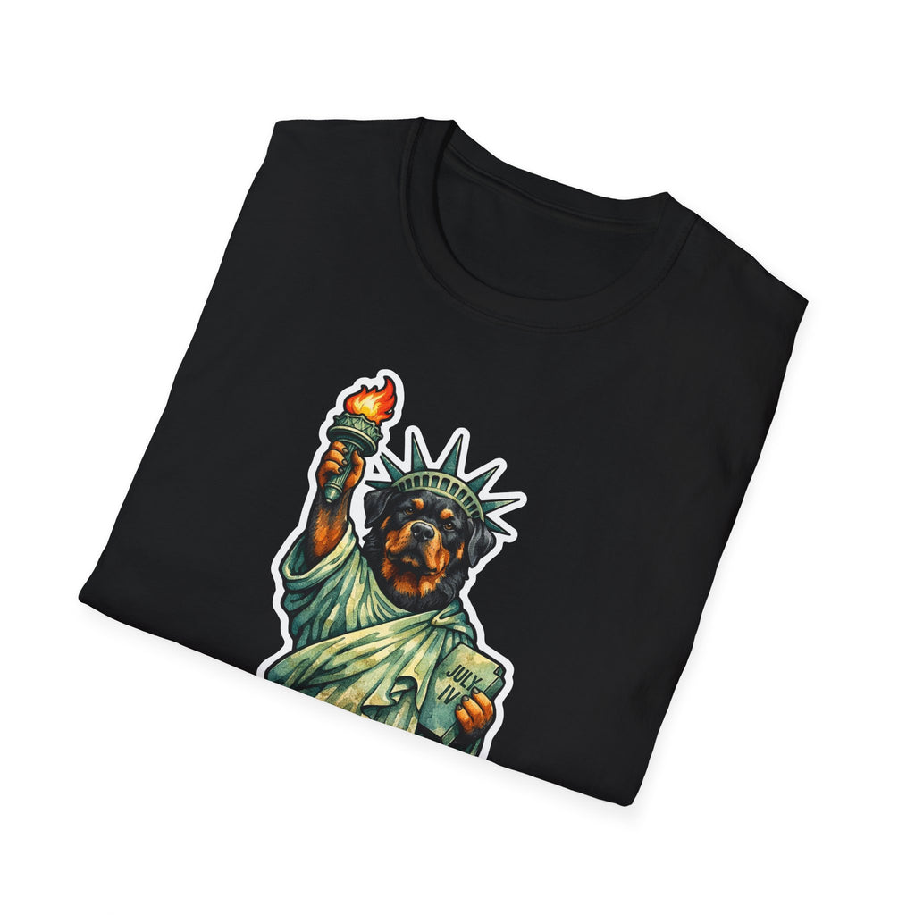 The Republic's Rottweiler Funny Rottweiler Statue of Liberty T-Shirt | Lady Liberty Pups Collection by PetPulse
