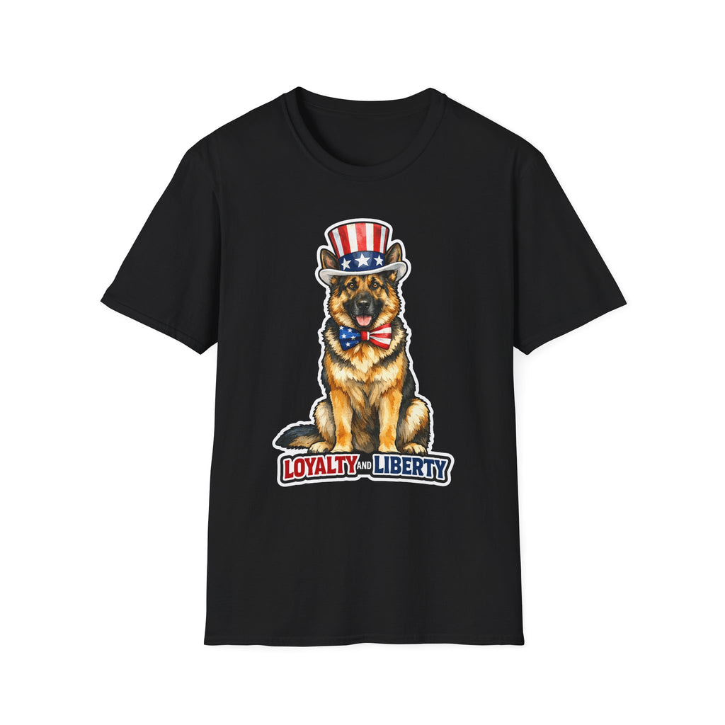 Loyalty and Liberty Patriotic German Shepherd T-Shirt | Uncle Sam GSD Top Hat and Bow Tie Graphic Tee | Uncle Sam Pups