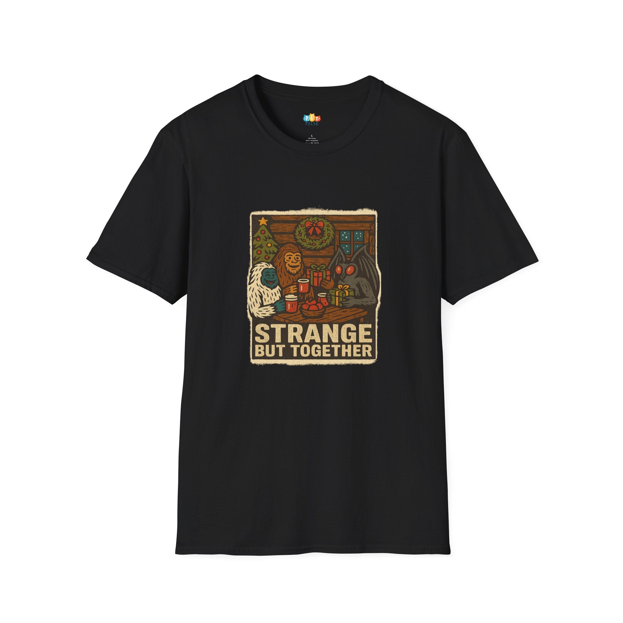 Strange But Together Christmas T-Shirt - Funny Holiday Cryptid Family Bigfoot Yeti Mothman Xmas Tee