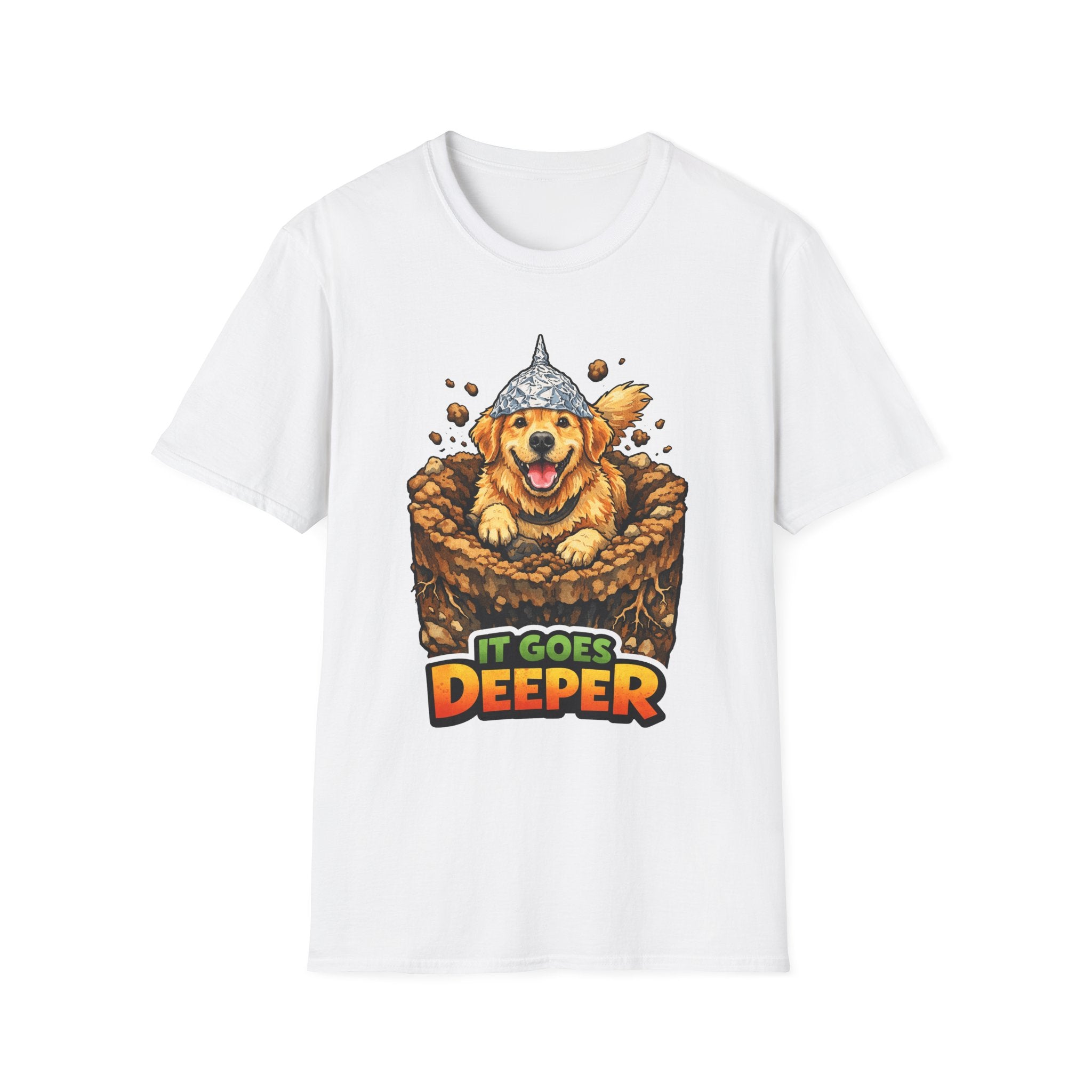 It Goes Deeper Funny Conspiracy Golden Retriever Digging T-Shirt | Pet-Spiracy Theorist Collection by PetPulse