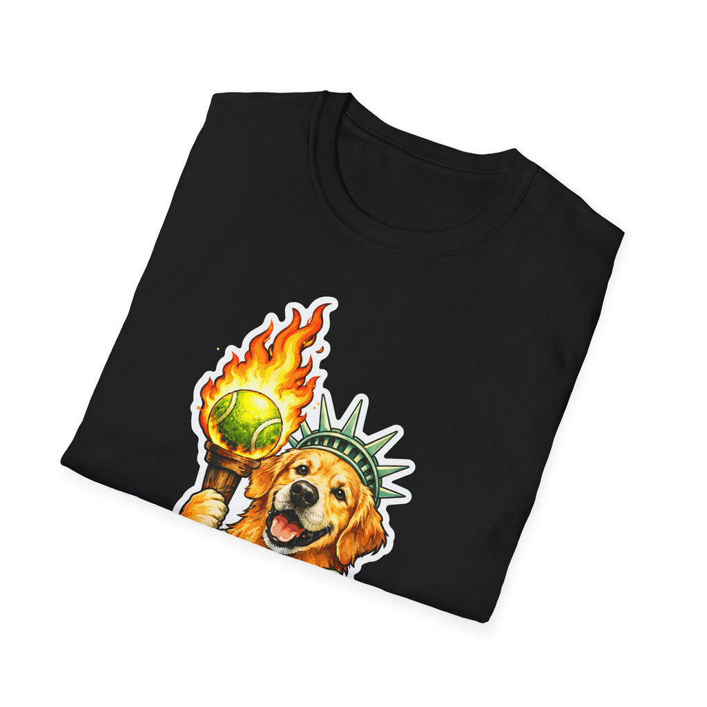 Land of the Golden Funny Golden Retriever Statue of Liberty T-Shirt | Lady Liberty Pups Collection by PetPulse