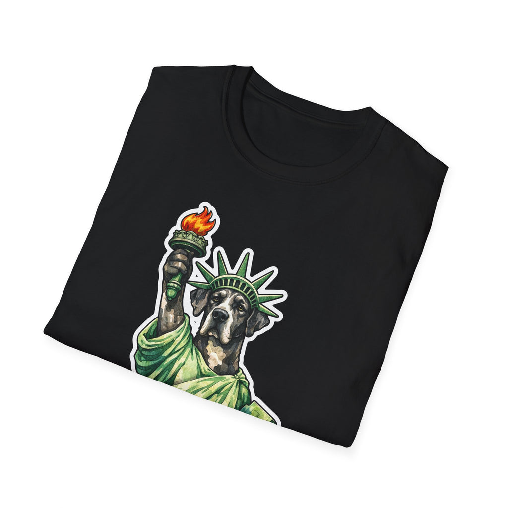 Monumental Devotion Funny Great Dane Statue of Liberty T-Shirt | Lady Liberty Pups Collection by PetPulse