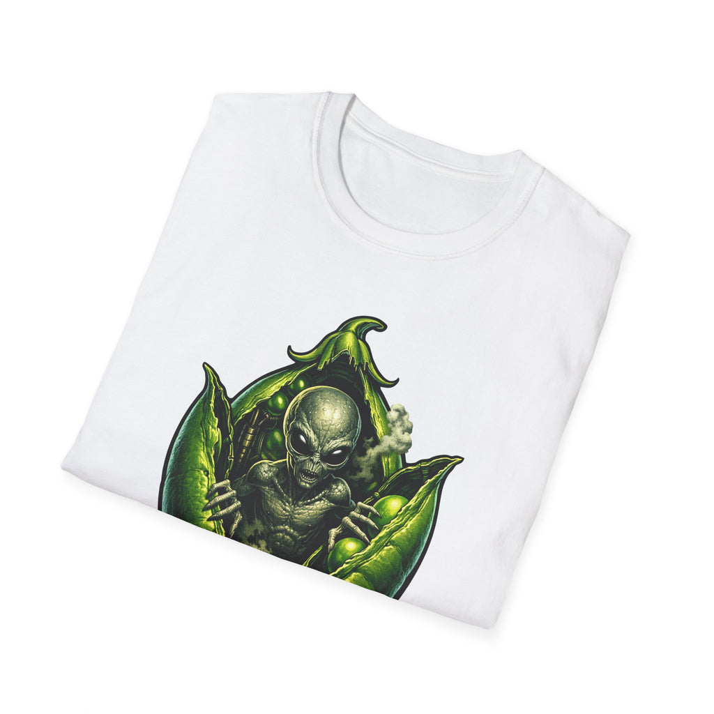 Vine Ripened Visitors Alien Bursting from Pea Pod T-Shirt | Cosmic Encounters Collection by PetPulse
