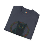 Feline Festive Christmas T-Shirt - Black Cat Holiday Wreath Vintage Christmas Spirit Xmas Tee