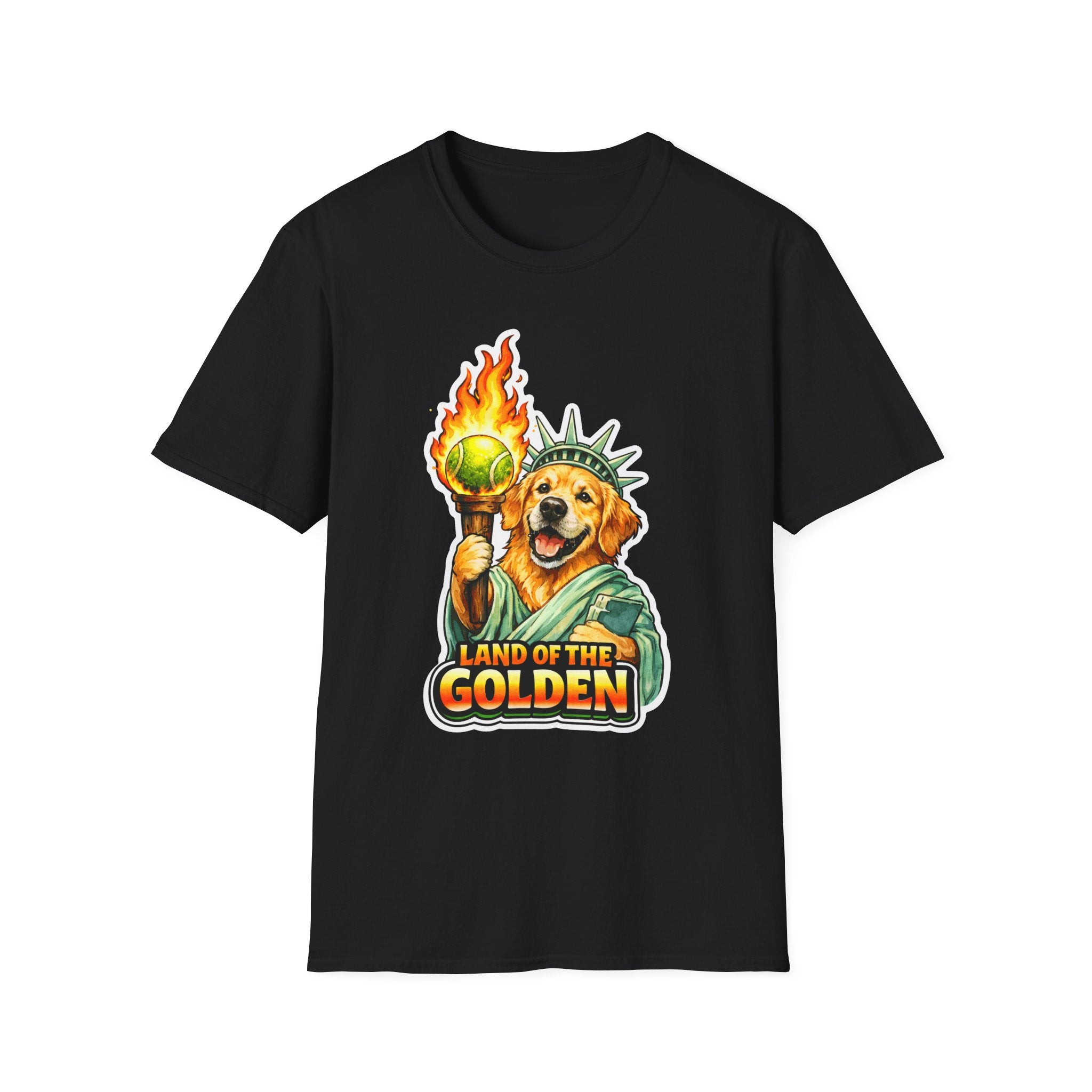 Land of the Golden Funny Golden Retriever Statue of Liberty T-Shirt | Lady Liberty Pups Collection by PetPulse