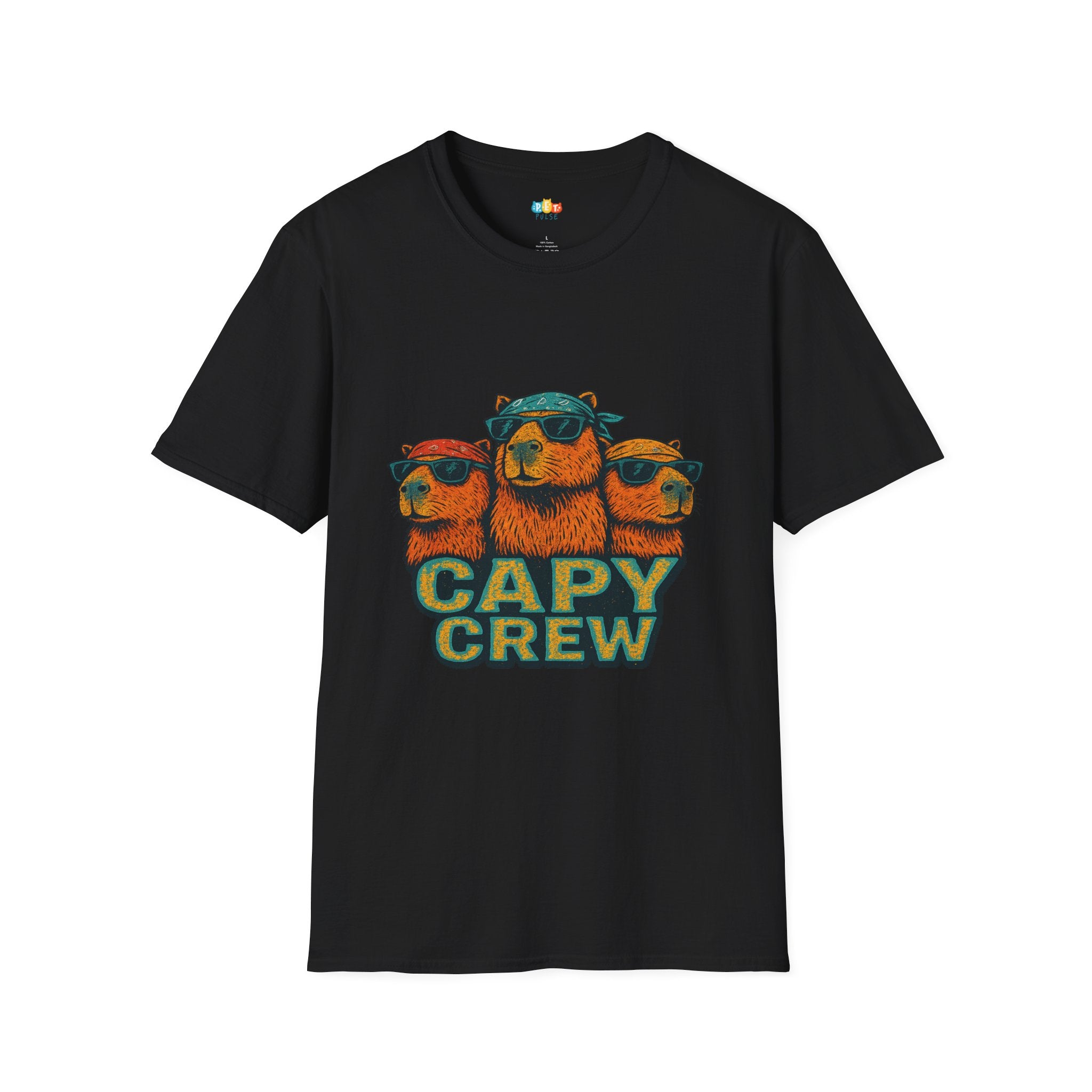 Capy Crew Capybara Squad Sunglasses Bandana T-Shirt - Funny Cool Gang Animal Friendship Group Graphic Tee