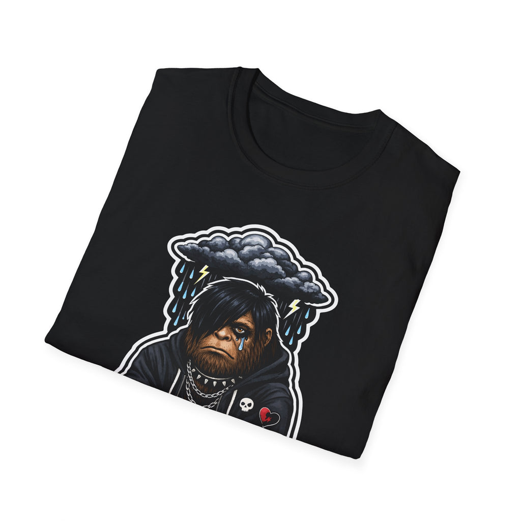 Misty Morning Mood Funny Emo Bigfoot T-Shirt | Cryptid Companions Collection by PetPulse