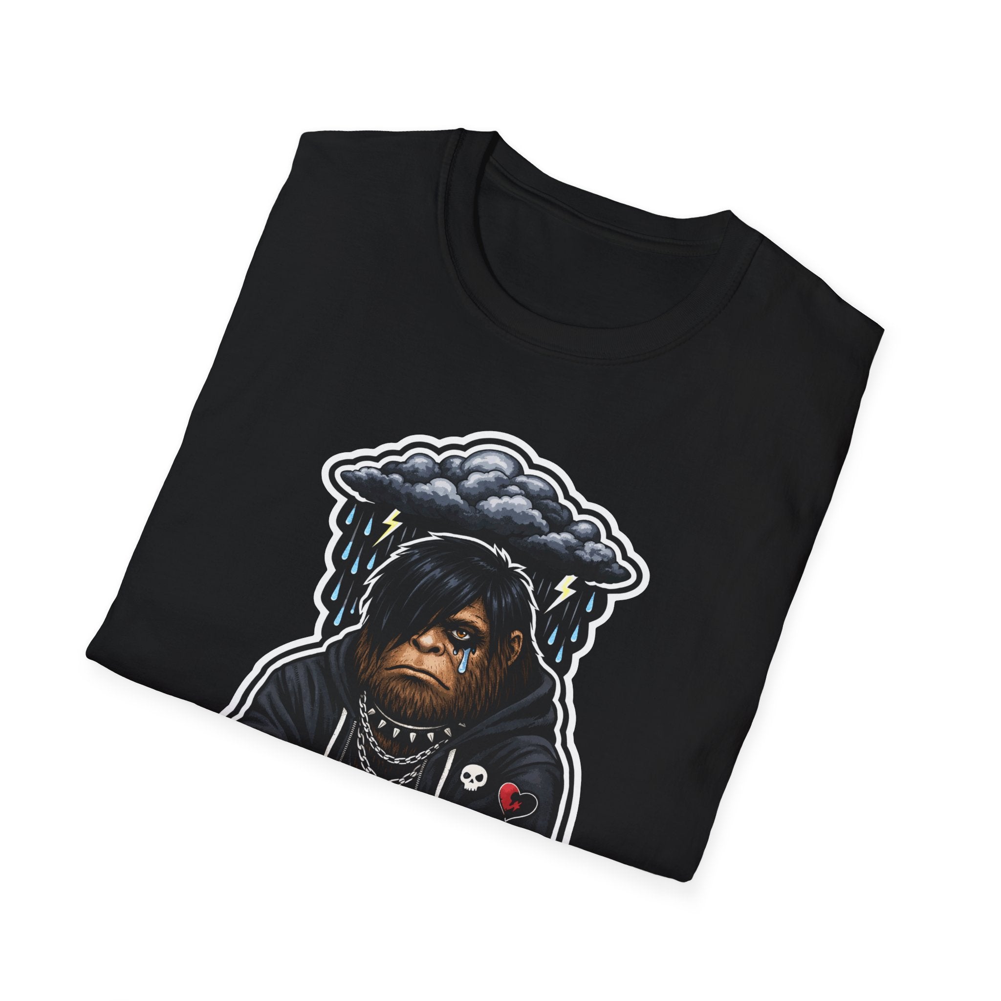 Misty Morning Mood Funny Emo Bigfoot T-Shirt | Cryptid Companions Collection by PetPulse