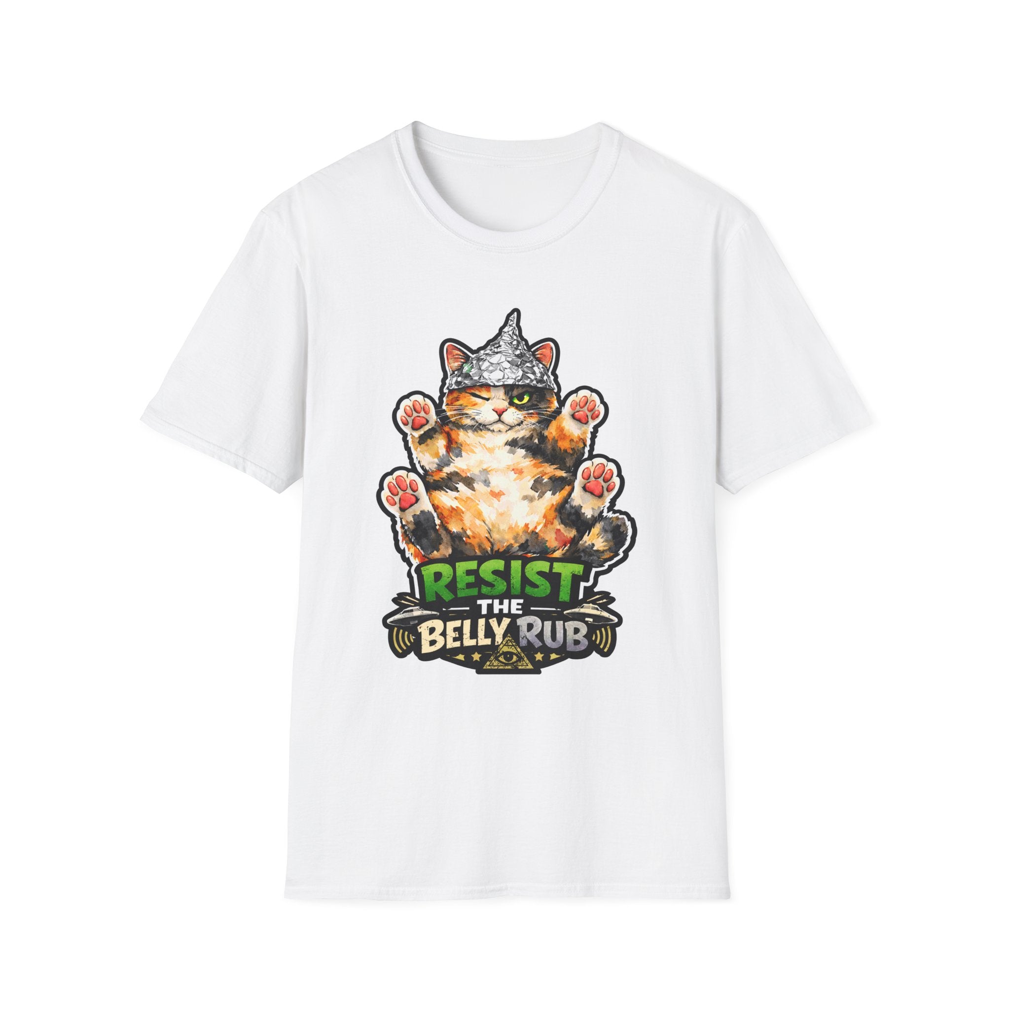 Resist the Belly Rub Funny Conspiracy Calico Cat T-Shirt | Cat-Spiracy Theorist Series | Pet-Spiracy Theorist Collection by PetPulse