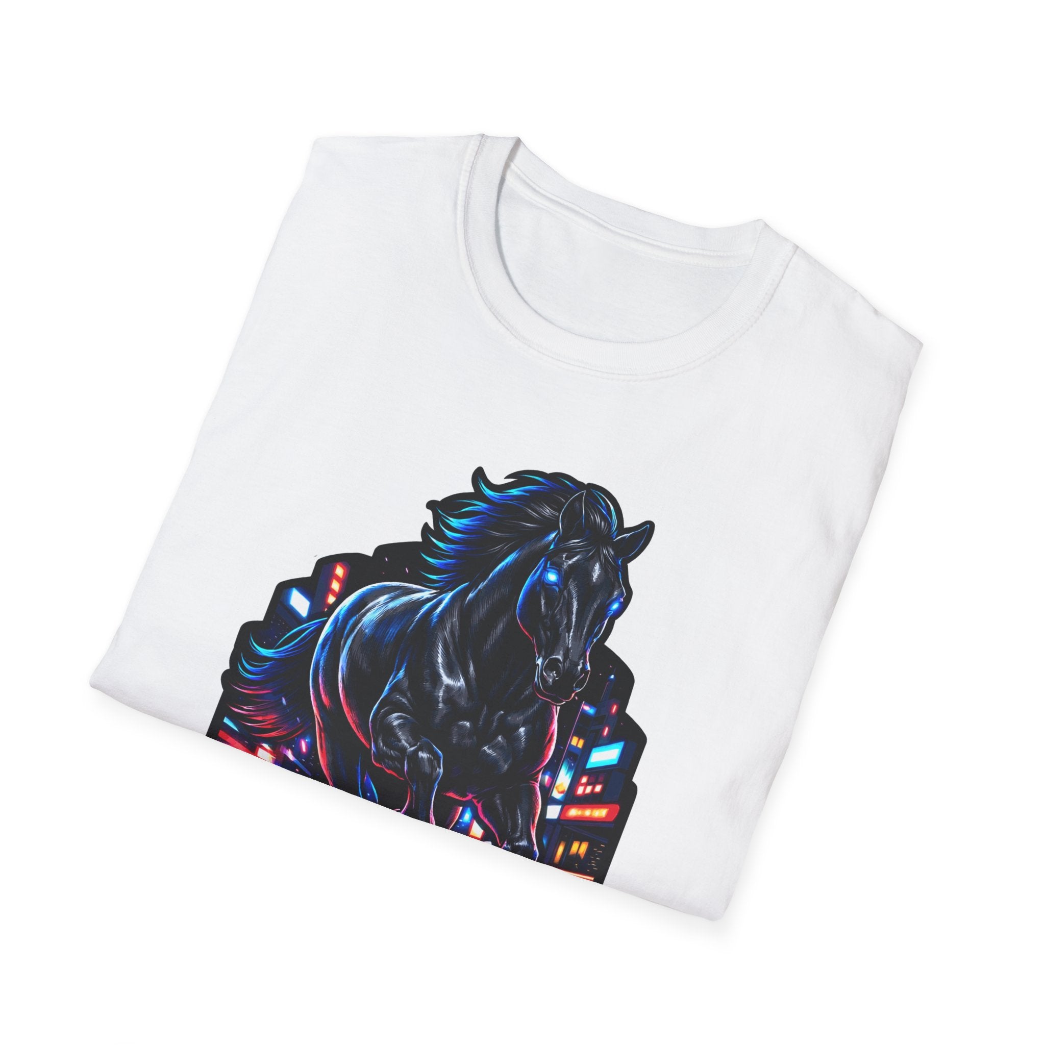 On My Way to Save the Day Action Hero Horse T-Shirt | Neon Black Stallion Superhero Graphic Tee | Mane Event Collection by PetPulse
