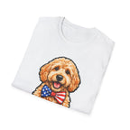 Man's Best Freedom Lover Patriotic Goldendoodle T-Shirt | Patriotic Doodle American Flag Bow Tie Graphic Tee | Uncle Sam Pups