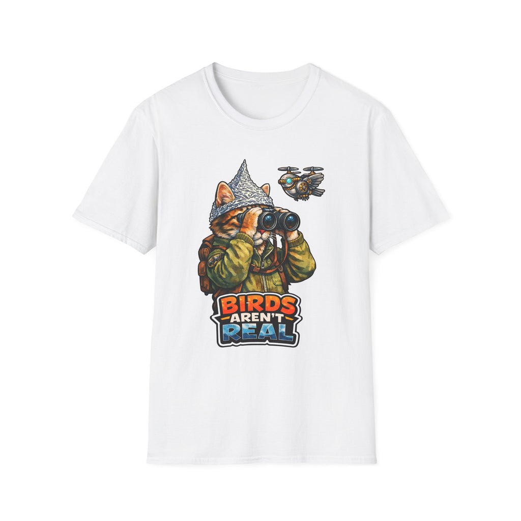 Birds Aren’t Real Funny Conspiracy Cat in Camo T-Shirt | Cat-Spiracy Theorist Series | Pet-Spiracy Theorist Collection by PetPulse