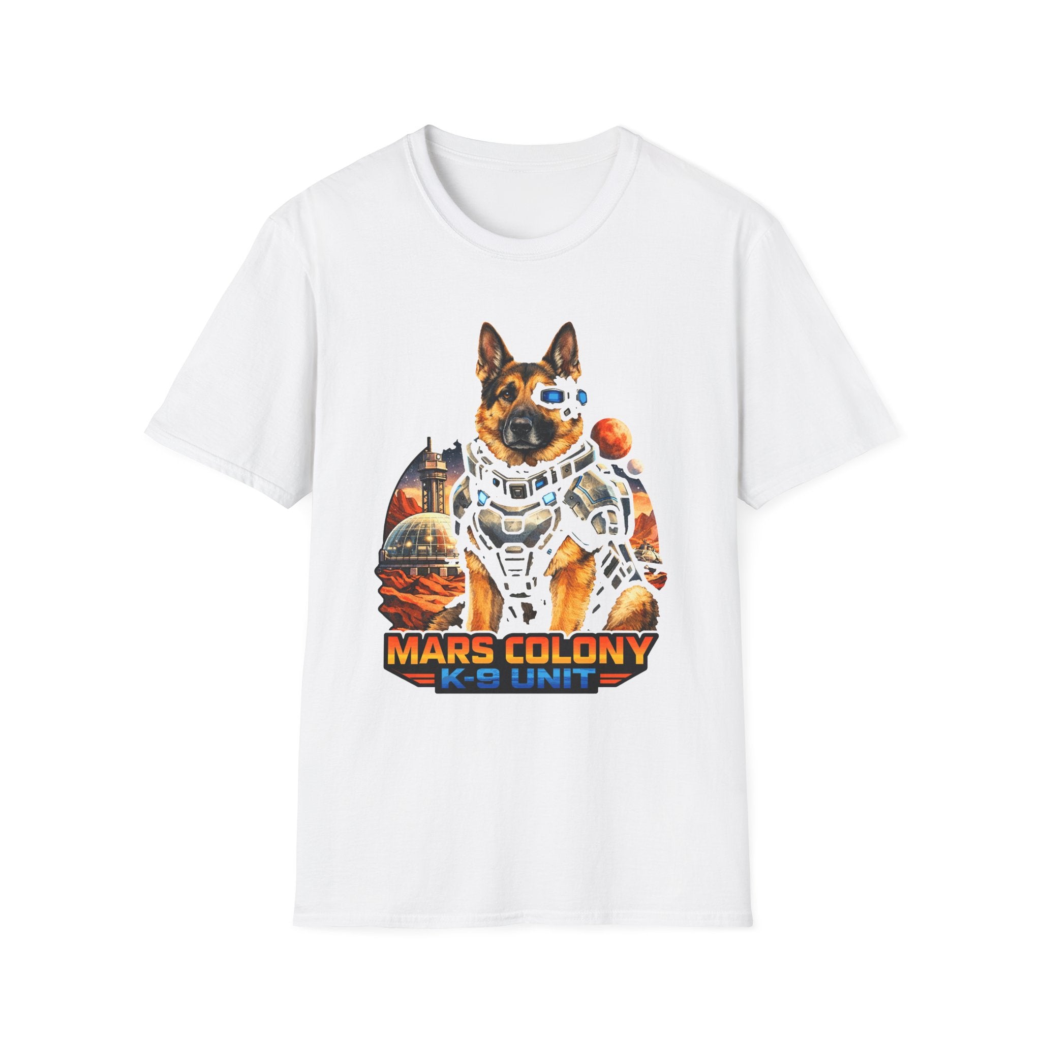 Mars Colony K-9 Unit Funny German Shepherd Space Armor T-Shirt | Cosmic Encounters Collection by PetPulse