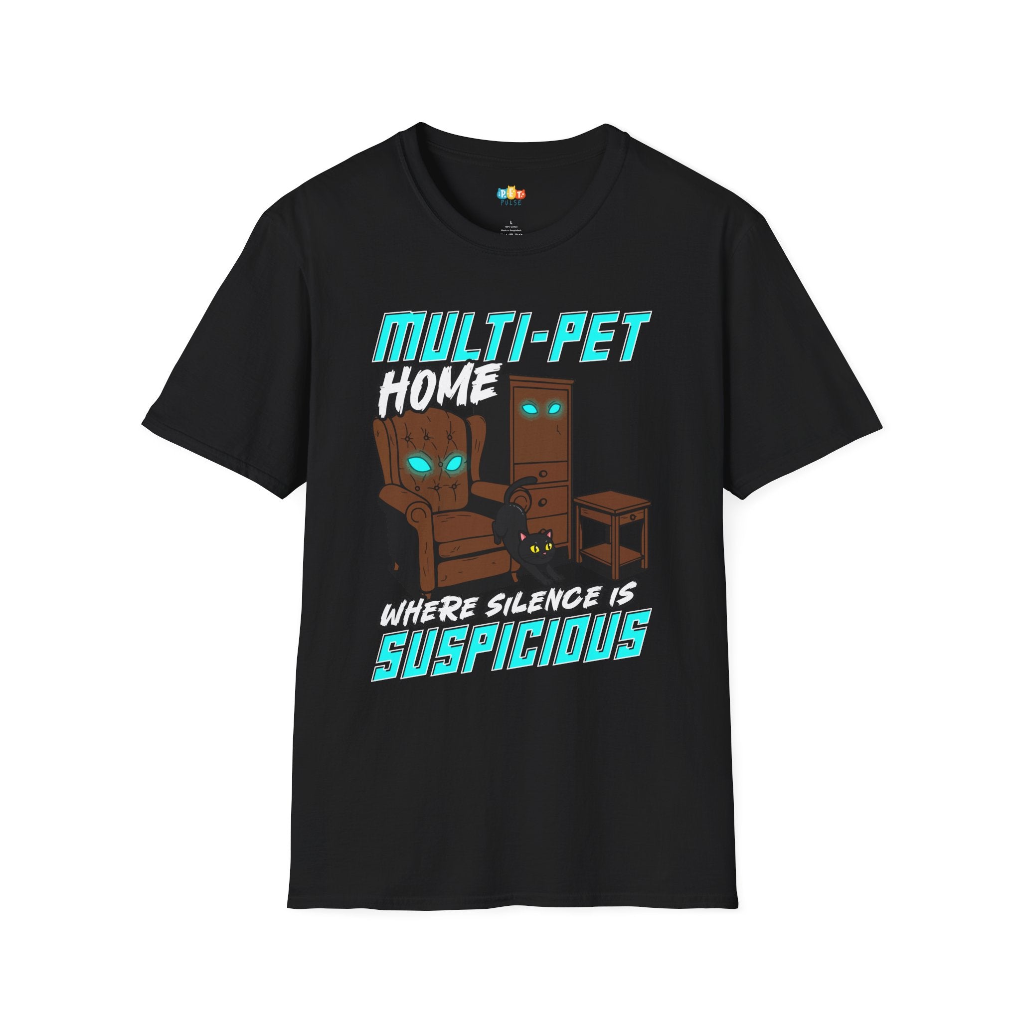 Multi Pet Home Where Silence Is Suspicious T-Shirt - Funny Pet Parent Chaos Warning Sign Humor Tee