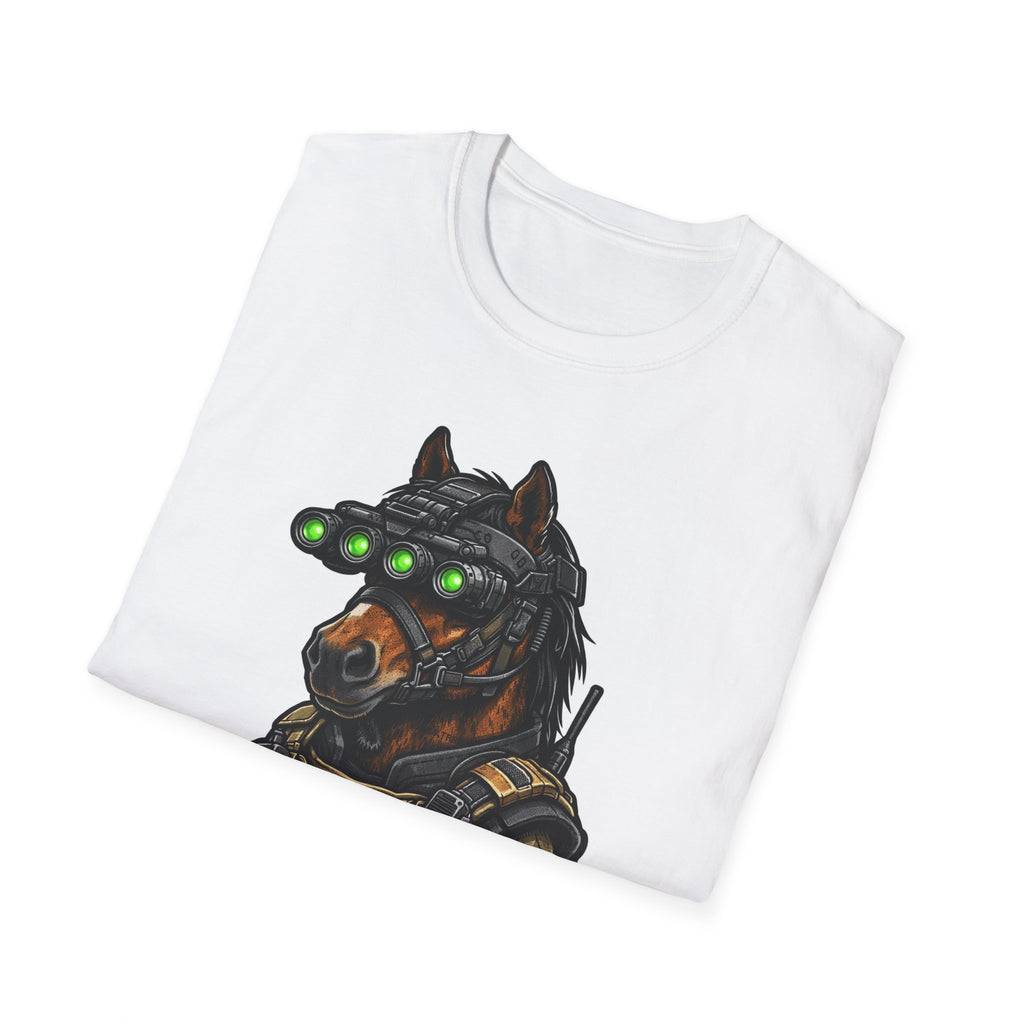 Tactical Foal-ow Up Action Hero Horse T-Shirt | Night Vision Special Ops Horse Graphic Tee | Mane Event Collection by PetPulse