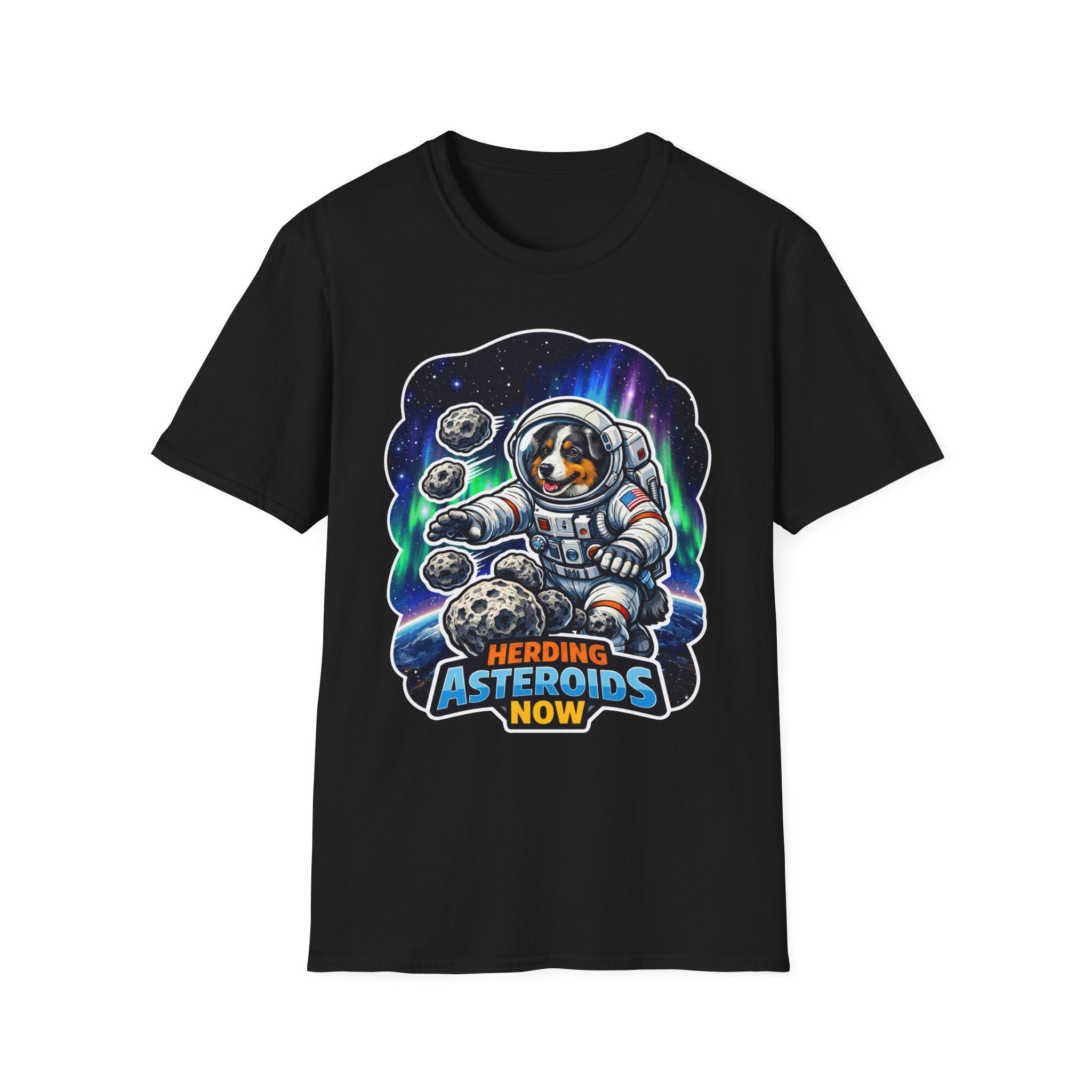 Herding Asteroids Now Funny Astronaut Australian Shepherd T-Shirt | Cosmic Encounters Collection by PetPulse