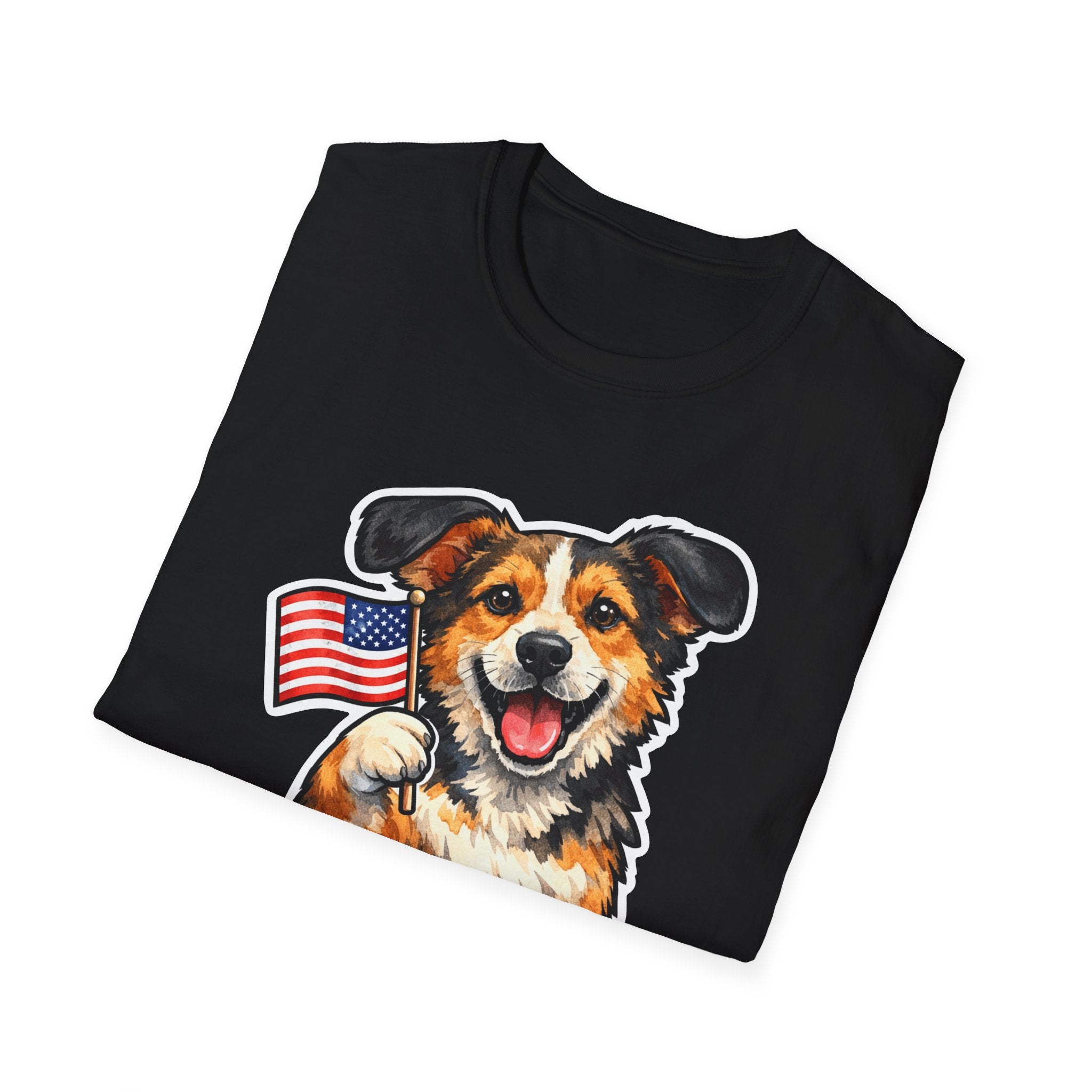 Four Legs For Freedom Patriotic Mixed Breed Dog T-Shirt | Rescue Mutt Waving American Flag Graphic Tee | Uncle Sam Pups