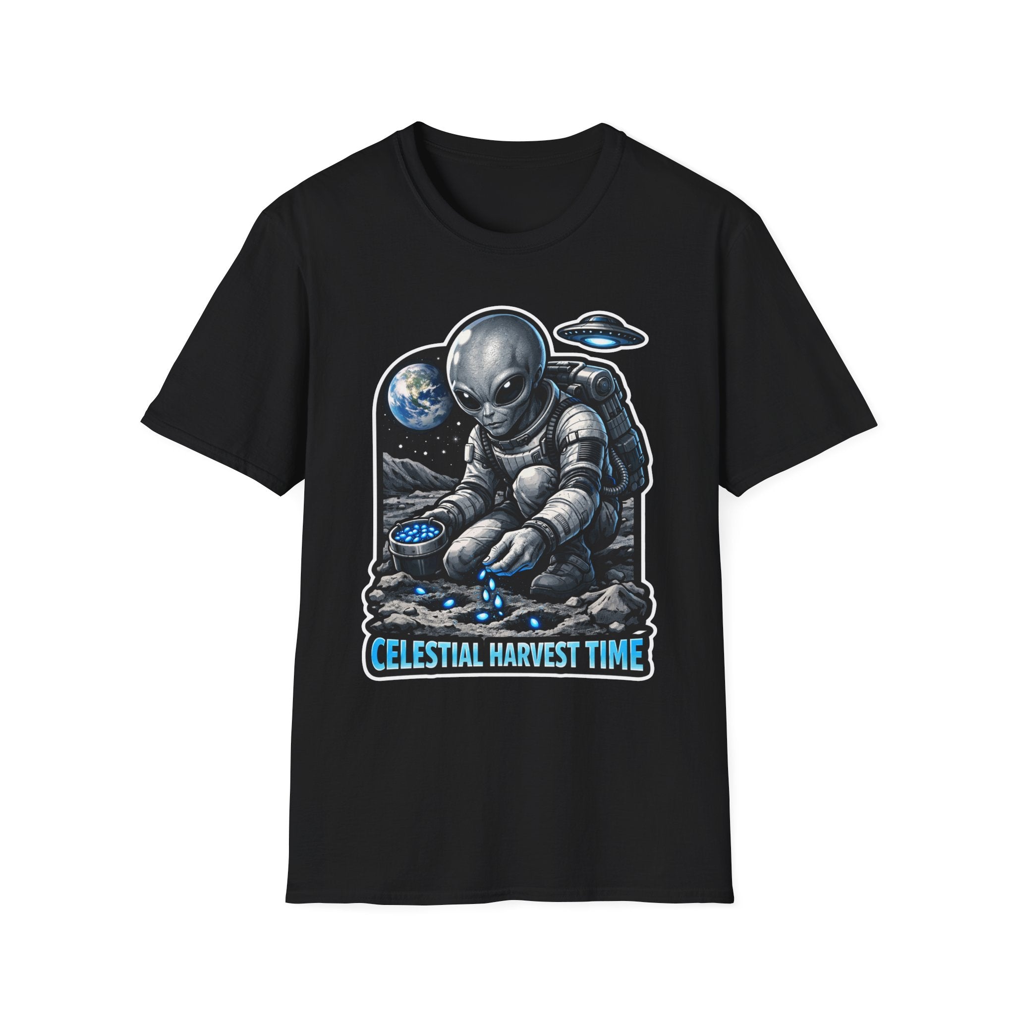 Celestial Harvest Time Funny Alien Moon Farmer T-Shirt | Cosmic Encounters Collection by PetPulse