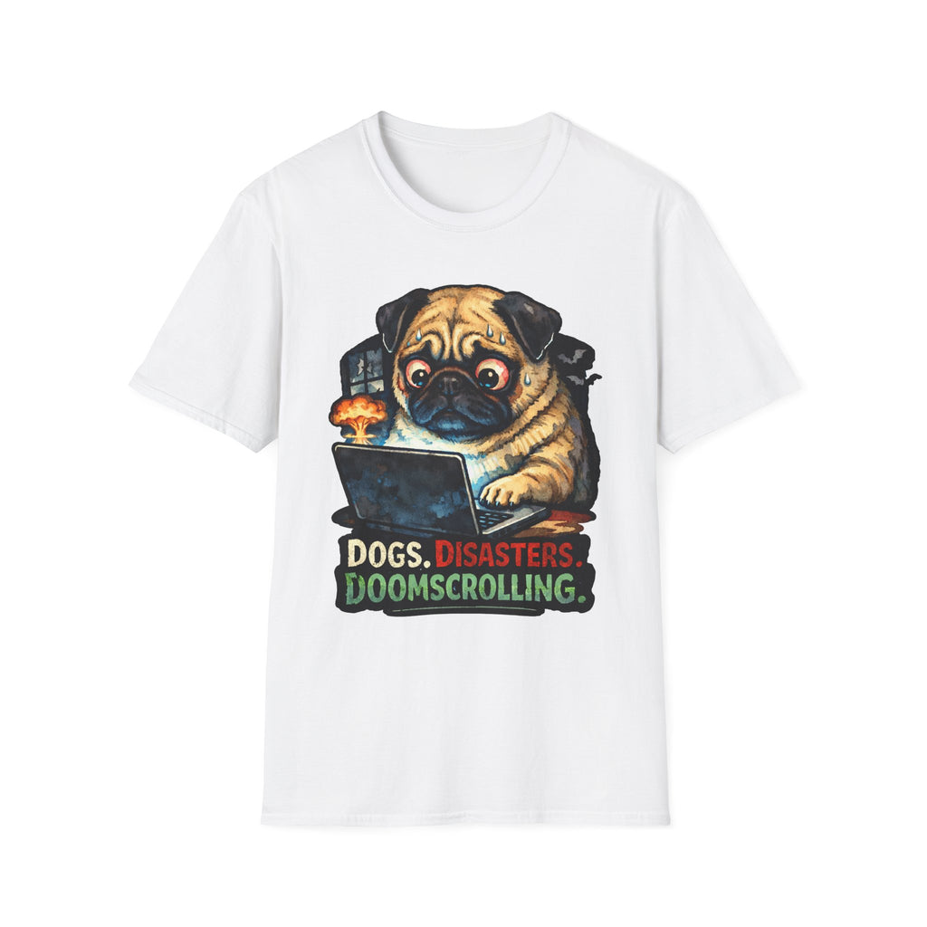 Dogs Disasters Doomscrolling Funny Pug Laptop T-Shirt | Tech Pack Collection by PetPulse