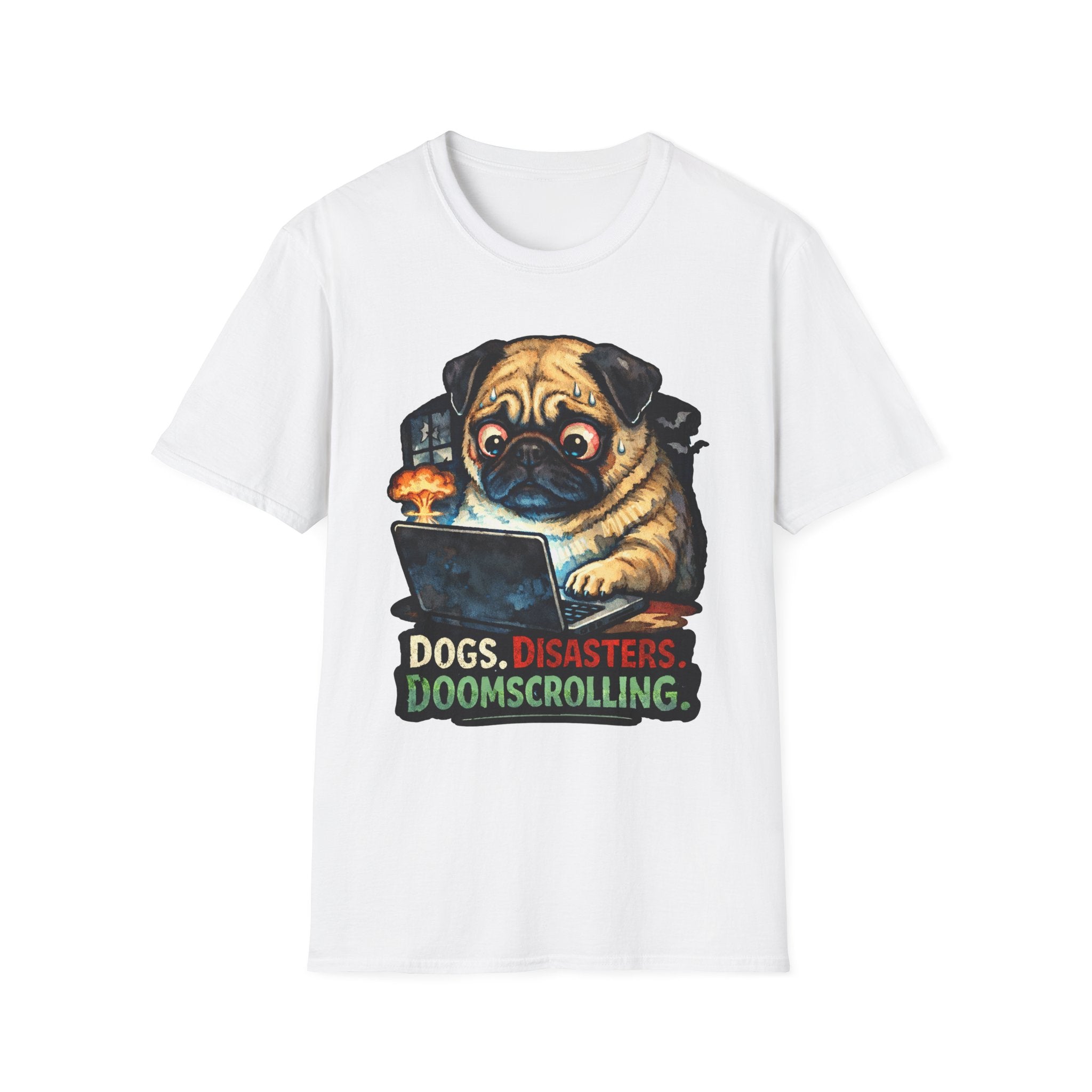Dogs Disasters Doomscrolling Funny Pug Laptop T-Shirt | Tech Pack Collection by PetPulse