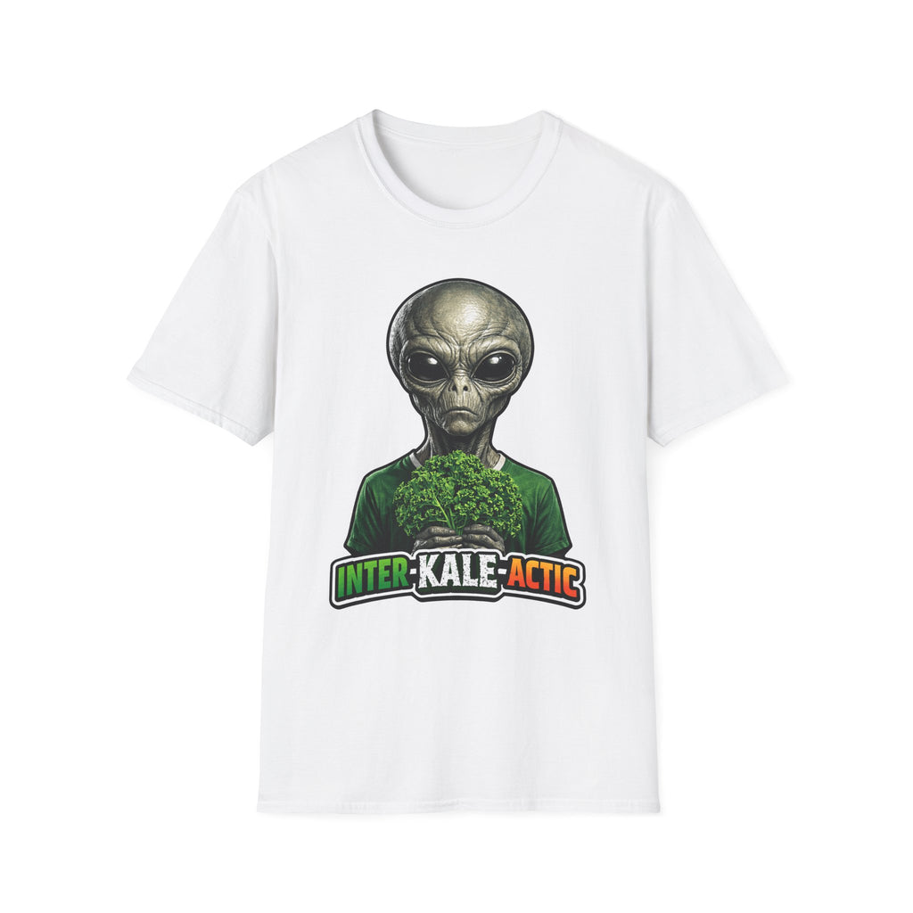 Inter-Kale-Actic Funny Alien Holding Kale T-Shirt | Cosmic Encounters Collection by PetPulse