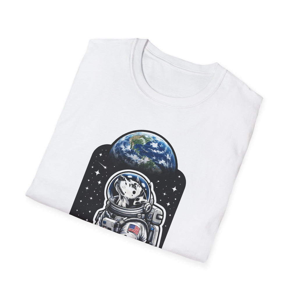 Dalmoontian Funny Dalmatian on the Moon T-Shirt | Cosmic Encounters Collection by PetPulse