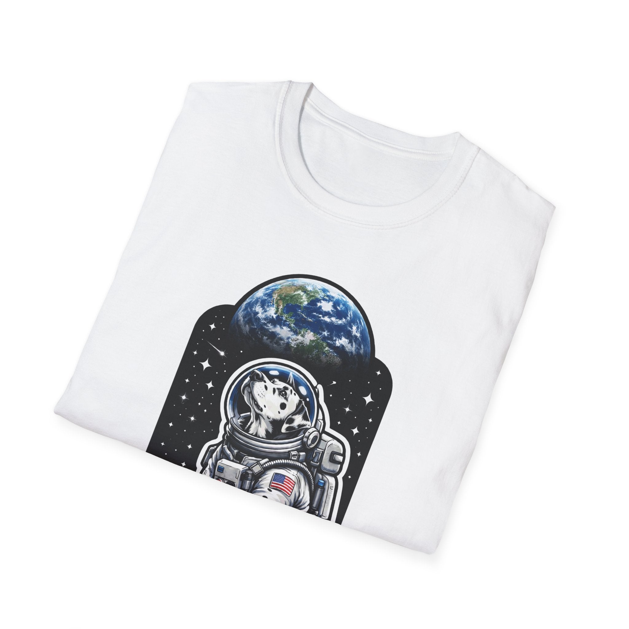 Dalmoontian Funny Dalmatian on the Moon T-Shirt | Cosmic Encounters Collection by PetPulse