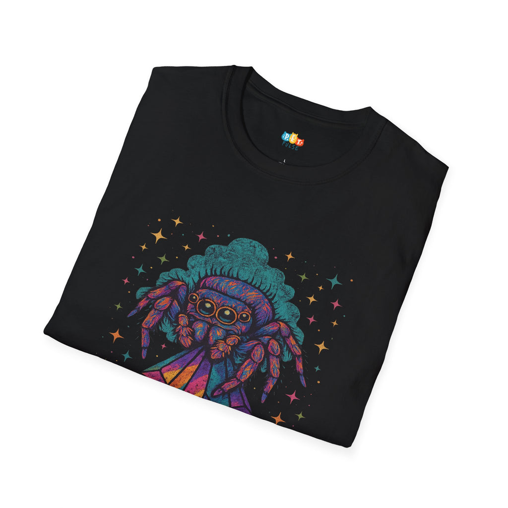 Celestial Jumper Spider T-Shirt - Funny Cosmic Jumping Spider Crystal Arachnid Pet Owner Gift Tee