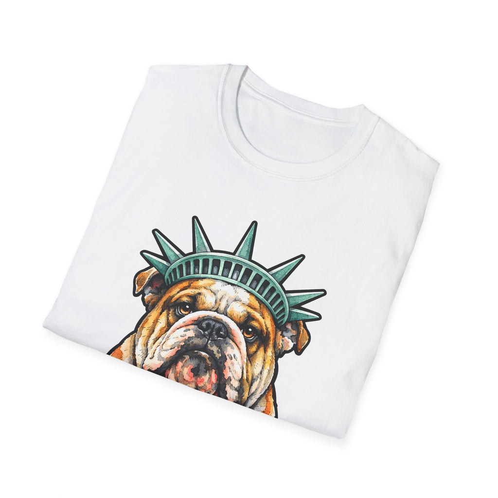 Stubborn for Sovereignty Funny English Bulldog Statue of Liberty T-Shirt | Lady Liberty Pups Collection by PetPulse