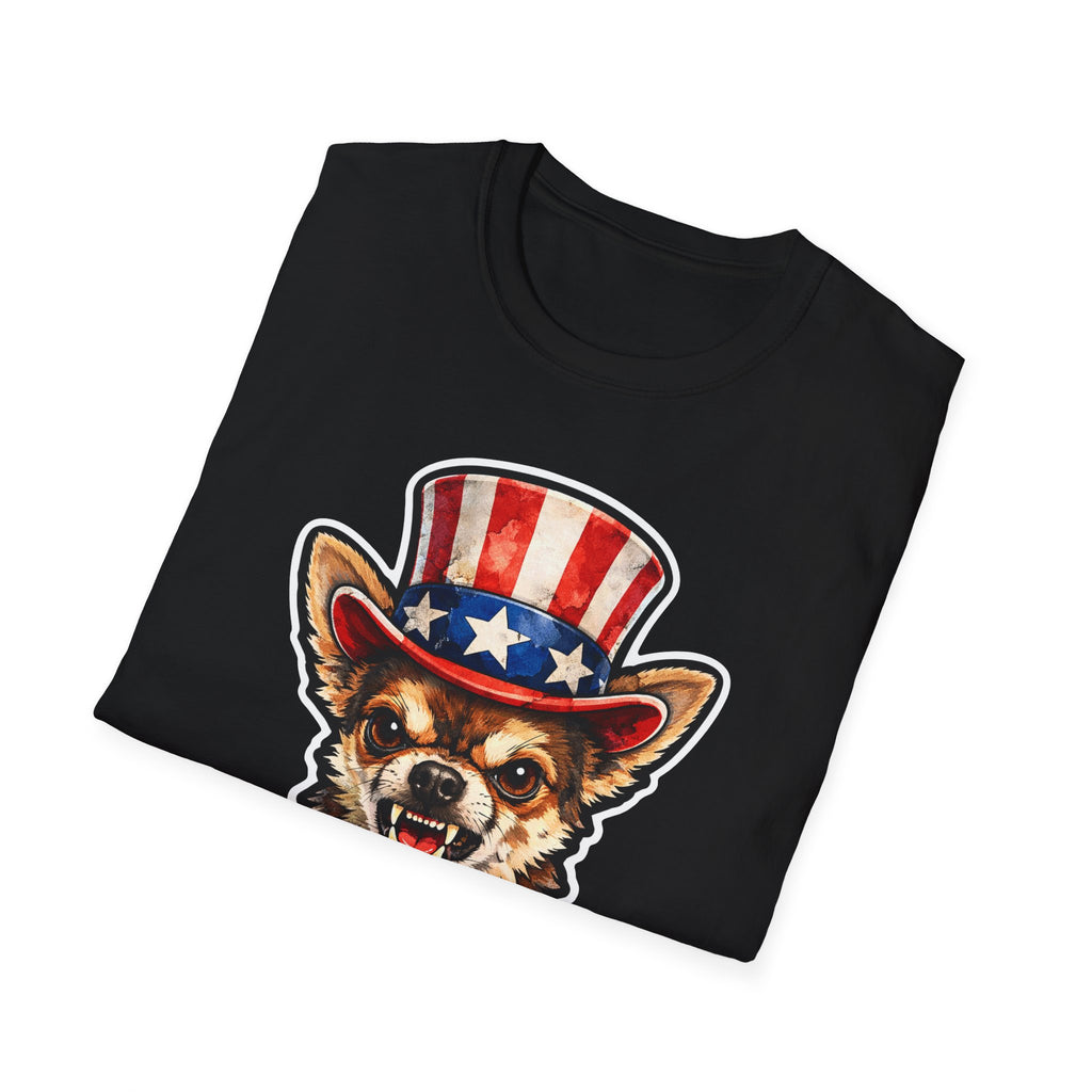 Barking for America Funny Uncle Sam Chihuahua T-Shirt | Patriotic Angry Chihuahua in Top Hat Graphic Tee | Uncle Sam Pups