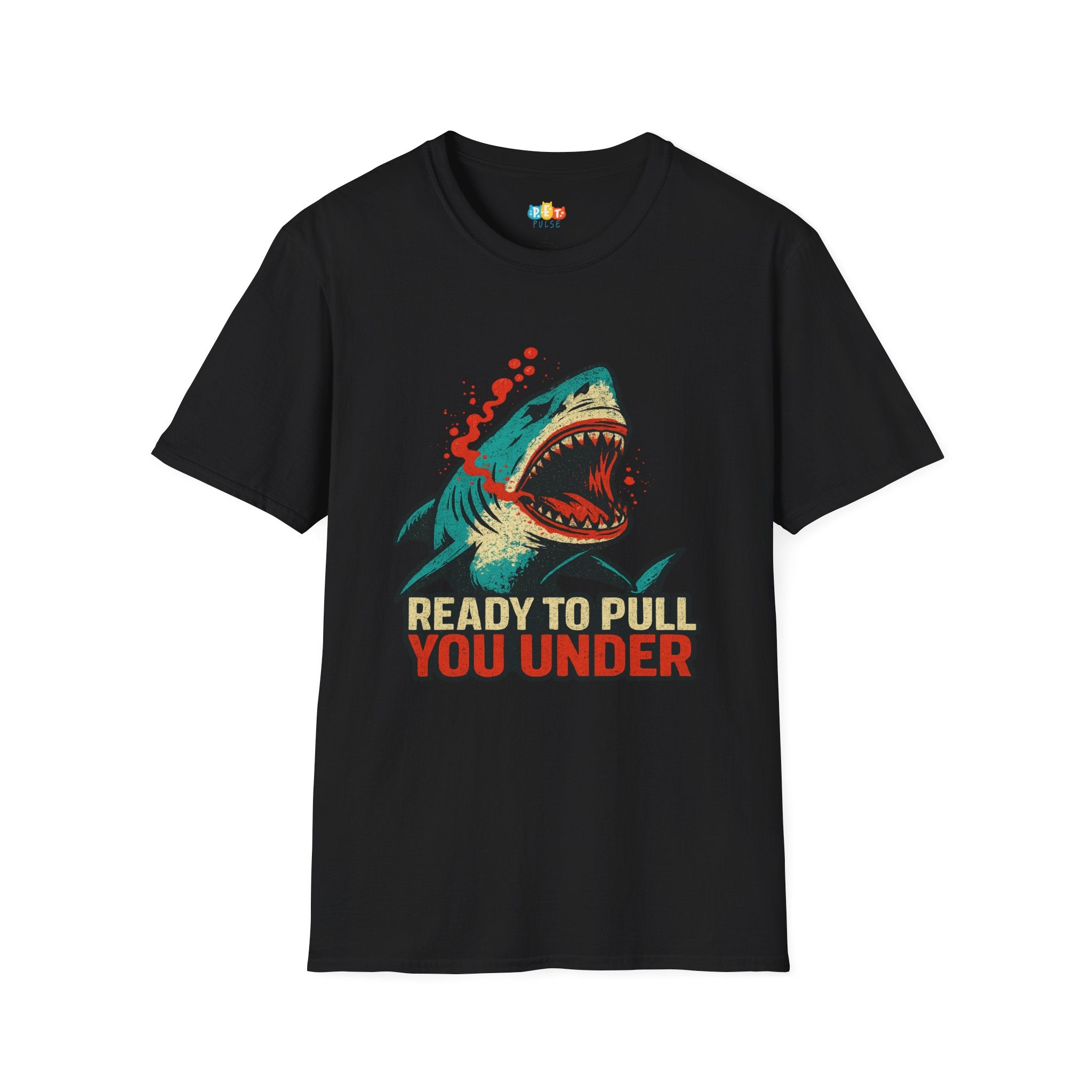 "Ready To Pull You Under" Vintage Shark Attack T-Shirt - Retro Blood Splash Warning Tee