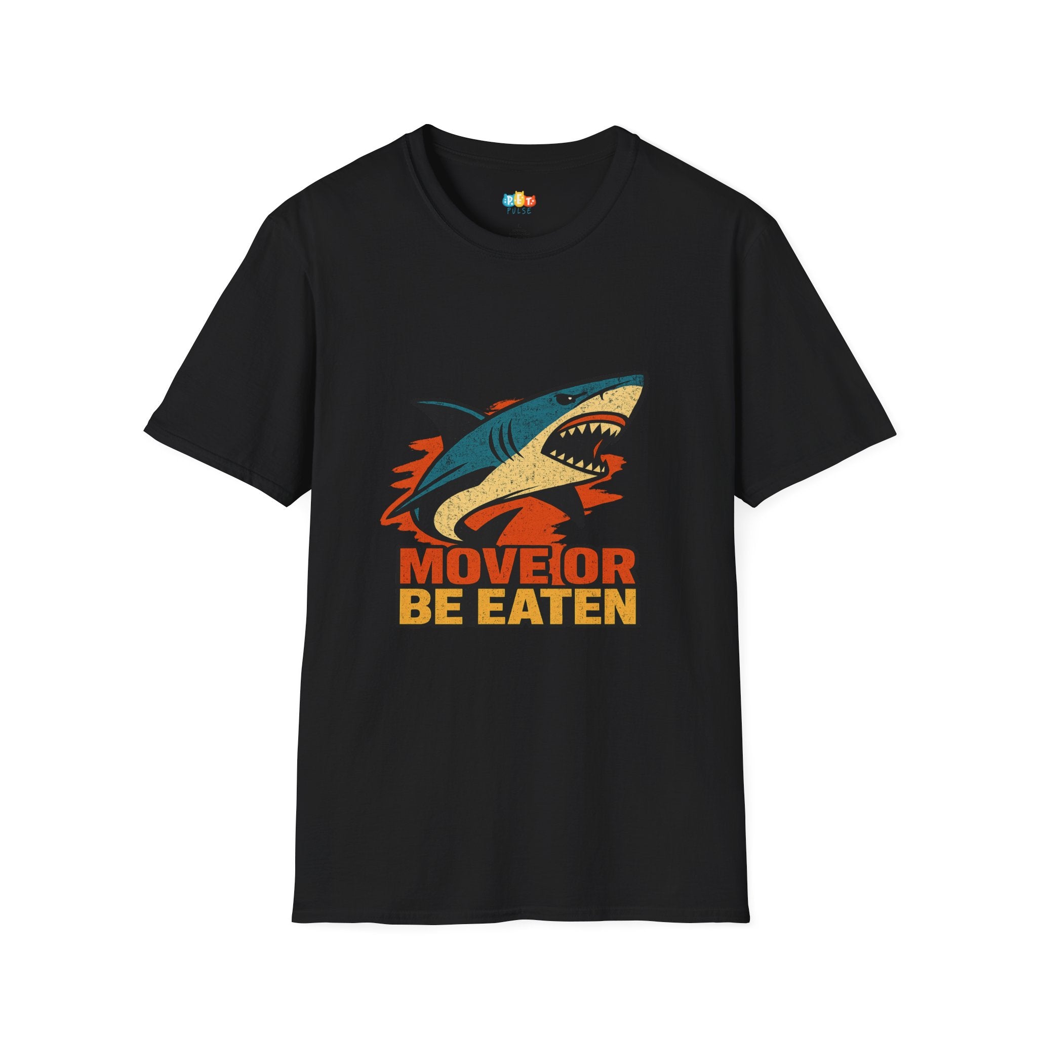 "Move Or Be Eaten" Vintage Shark Survival T-Shirt - Retro Orange Motion Tee