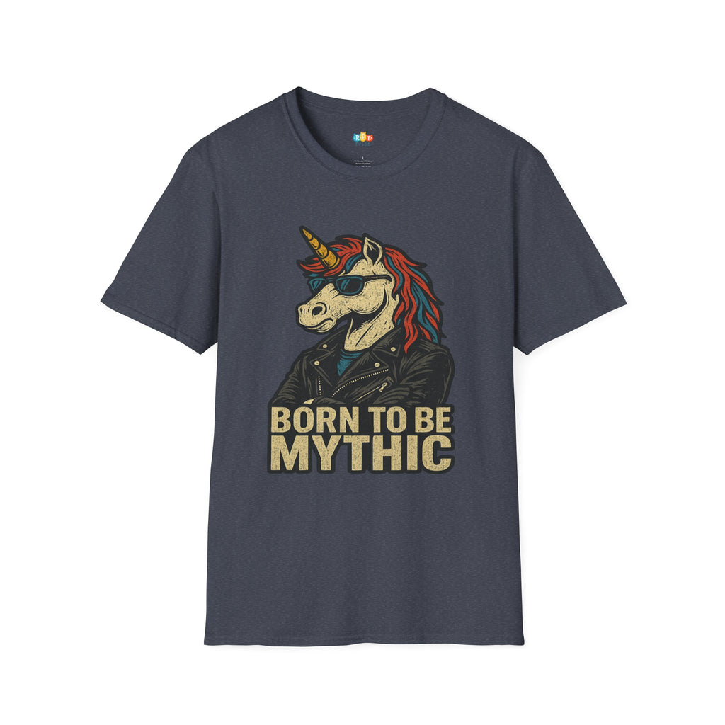 Born to Be Mythic Unicorn T-Shirt - Funny Cool Leather Jacket Biker Fantasy Magic Rebel Graphic Tee