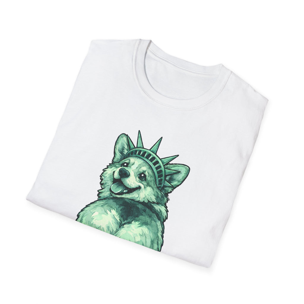 From Sea to Shining Corgi Funny Corgi Butt Statue of Liberty T-Shirt | Lady Liberty Pups Collection by PetPulse