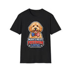 Man's Best Freedom Lover Patriotic Goldendoodle T-Shirt | Patriotic Doodle American Flag Bow Tie Graphic Tee | Uncle Sam Pups