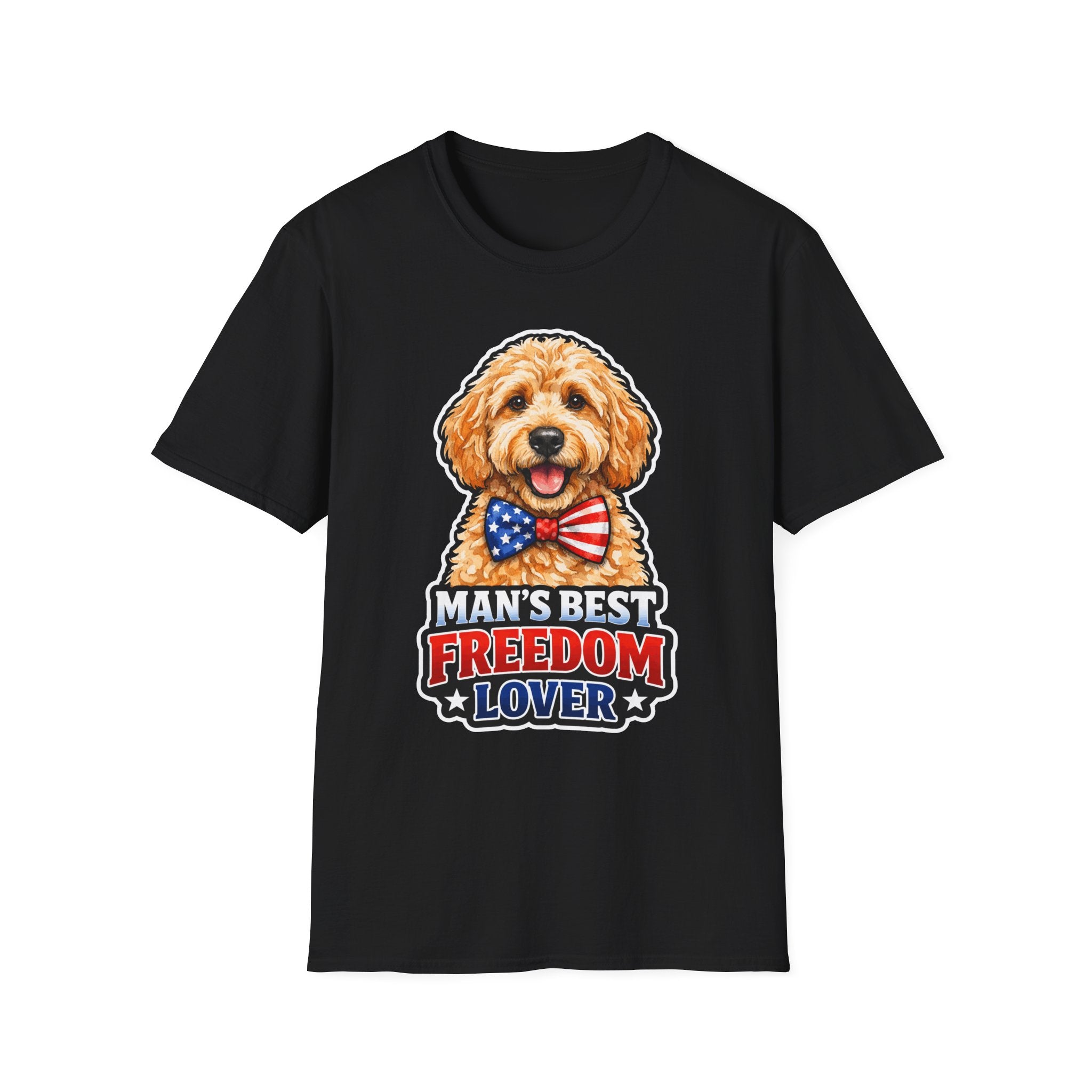 Man's Best Freedom Lover Patriotic Goldendoodle T-Shirt | Patriotic Doodle American Flag Bow Tie Graphic Tee | Uncle Sam Pups