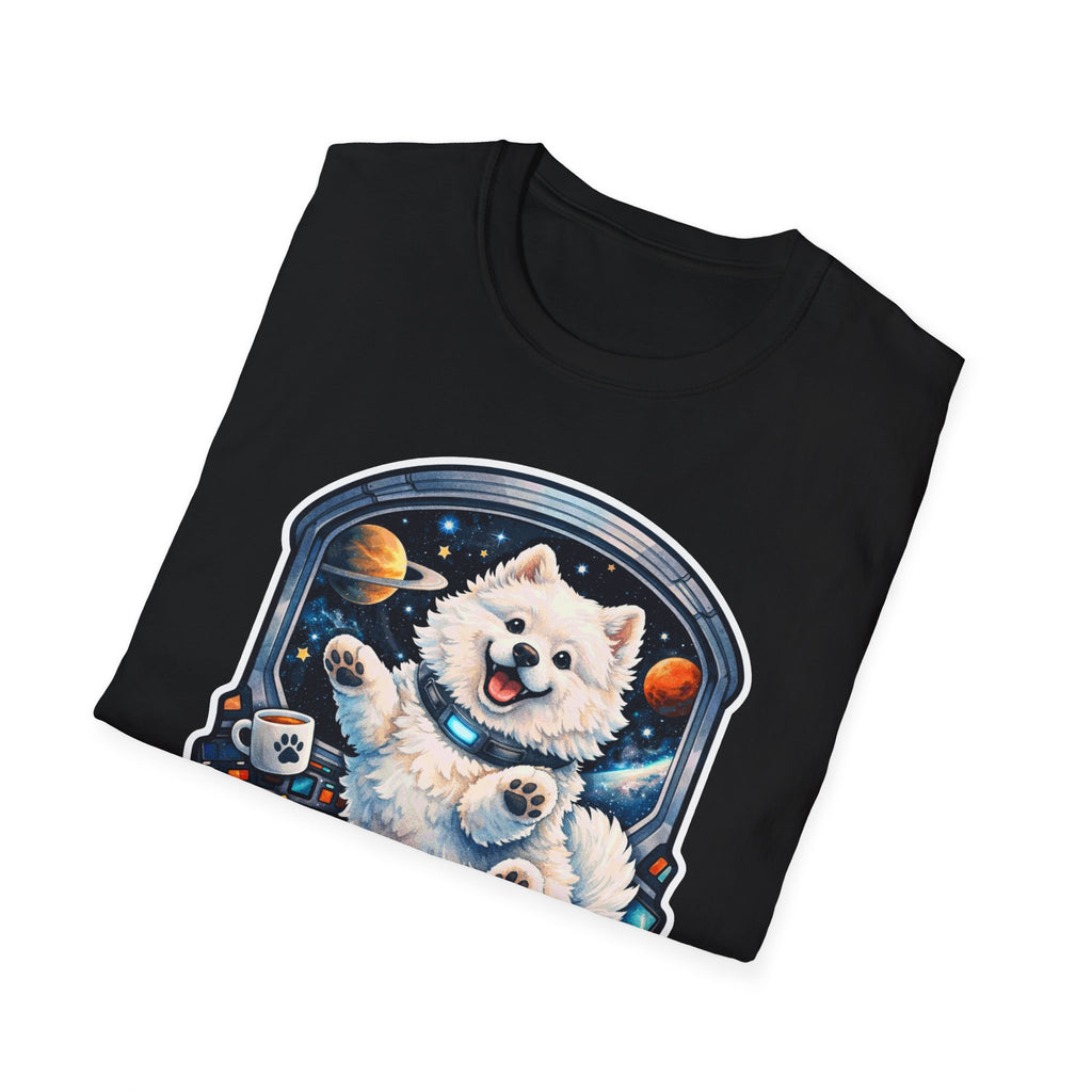 Interplanetary Pupper Funny Samoyed Zero Gravity Space T-Shirt | Cosmic Encounters Collection by PetPulse