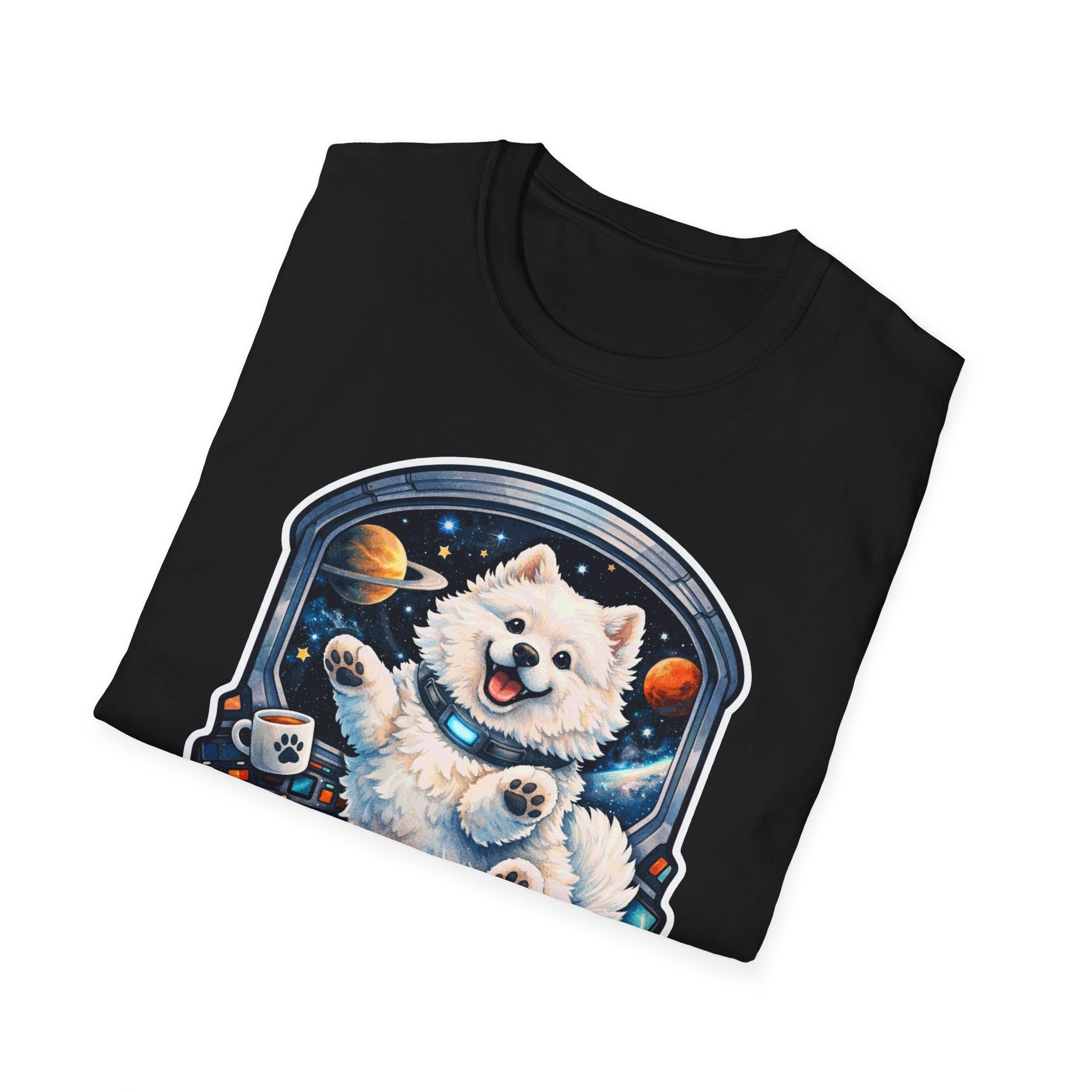 Interplanetary Pupper Funny Samoyed Zero Gravity Space T-Shirt | Cosmic Encounters Collection by PetPulse
