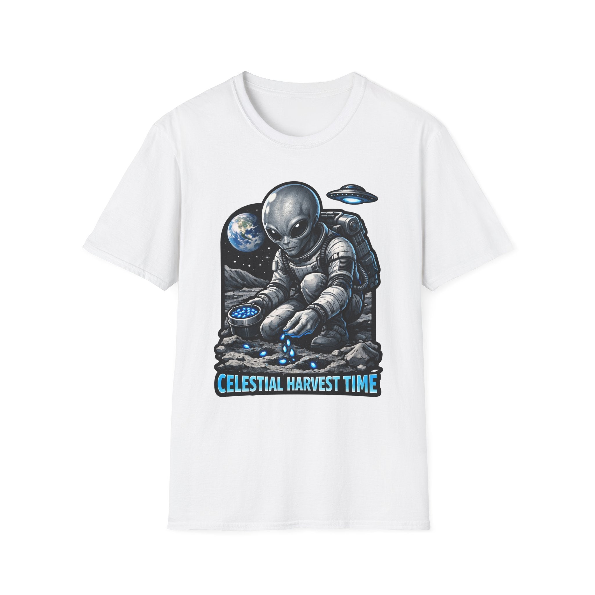 Celestial Harvest Time Funny Alien Moon Farmer T-Shirt | Cosmic Encounters Collection by PetPulse
