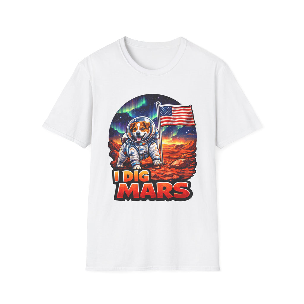 I Dig Mars Funny Dog Astronaut with American Flag T-Shirt | Cosmic Encounters Collection by PetPulse