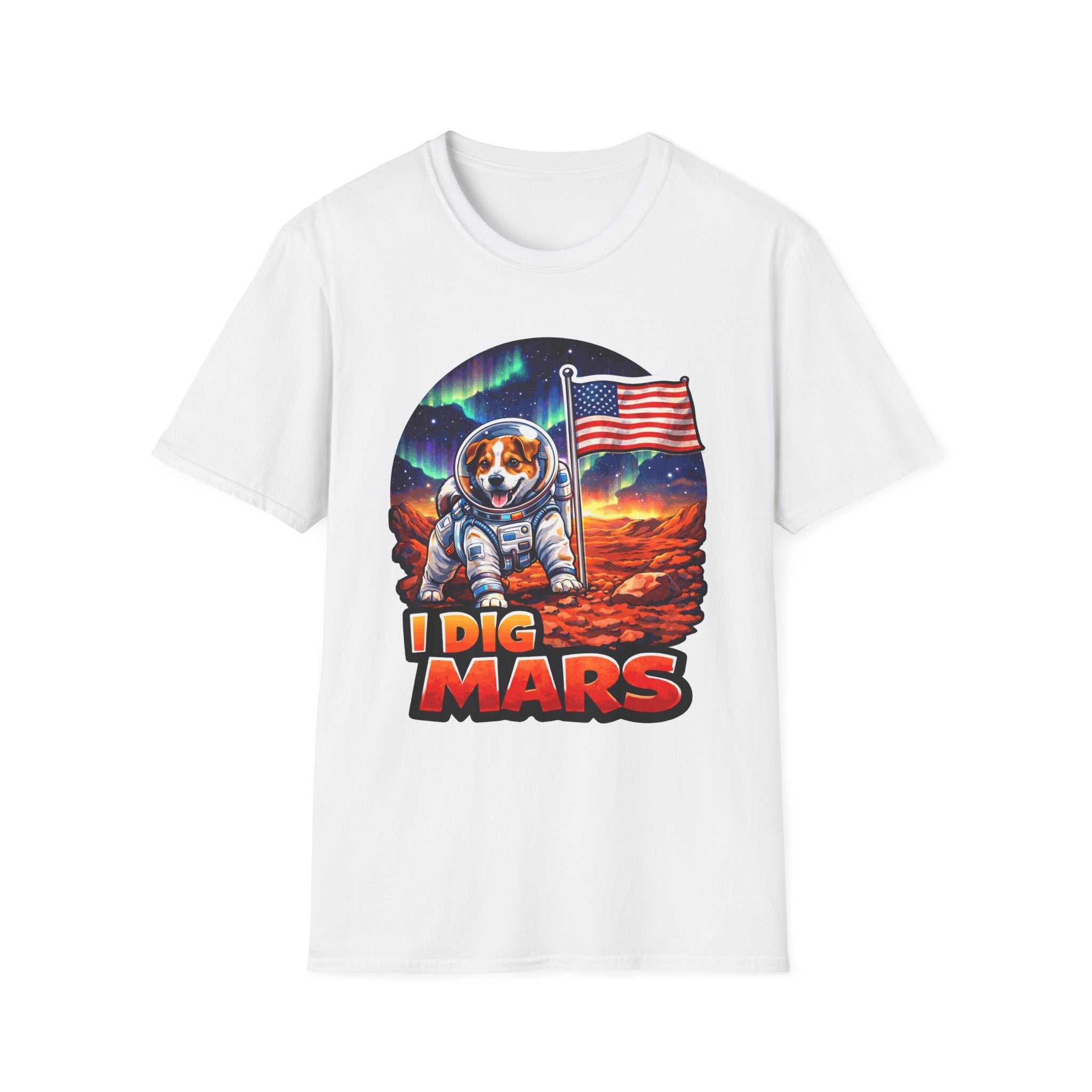 I Dig Mars Funny Dog Astronaut with American Flag T-Shirt | Cosmic Encounters Collection by PetPulse