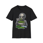 Leafy Lunar Lunch Funny Alien Eating Kale from Moon Bowl T-Shirt | Cosmic Encounters Collection by PetPulse
