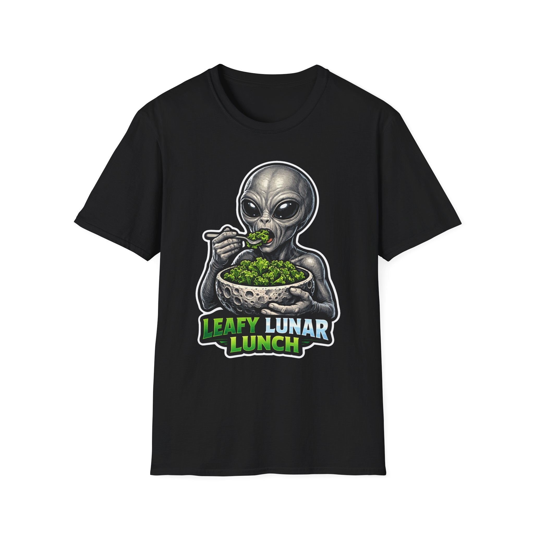 Leafy Lunar Lunch Funny Alien Eating Kale from Moon Bowl T-Shirt | Cosmic Encounters Collection by PetPulse